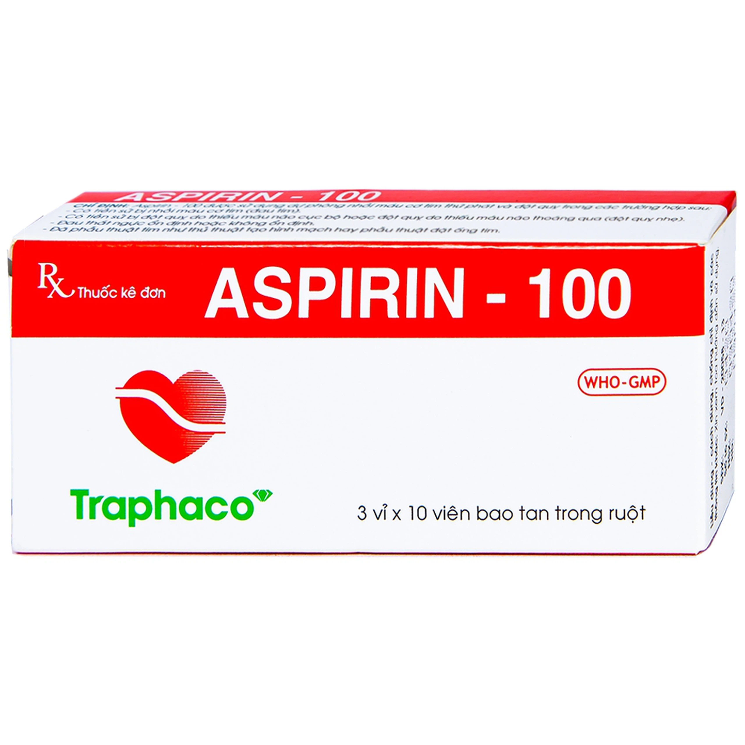 Thuốc Aspirin 100mg Traphaco phòng ngừa nhồi máu cơ tim, đột quỵ (3 vỉ x 10 viên)