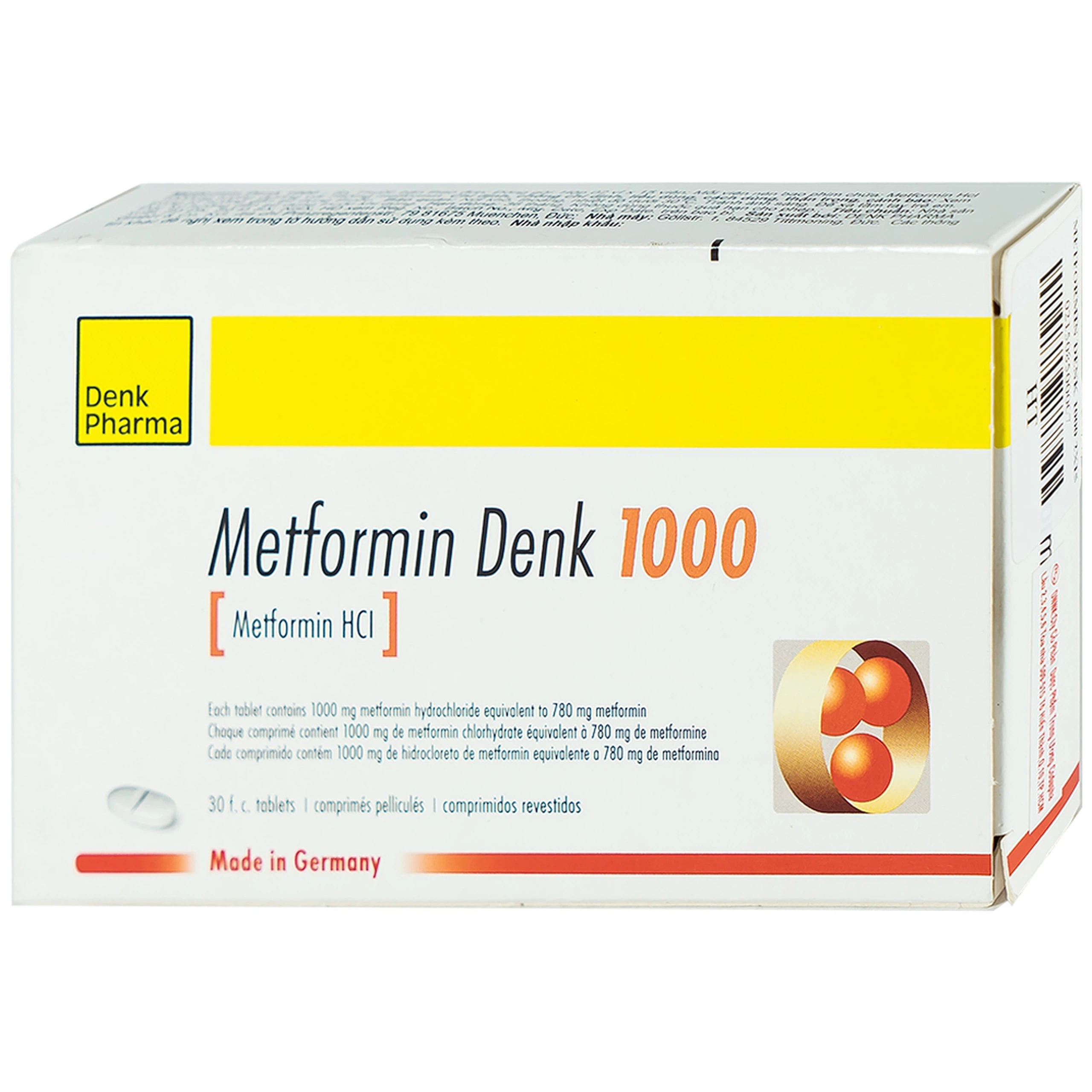 Viên nén Metformin Denk 1000 điều trị đái tháo đường tuýp 2 (2 vỉ x 15 viên)