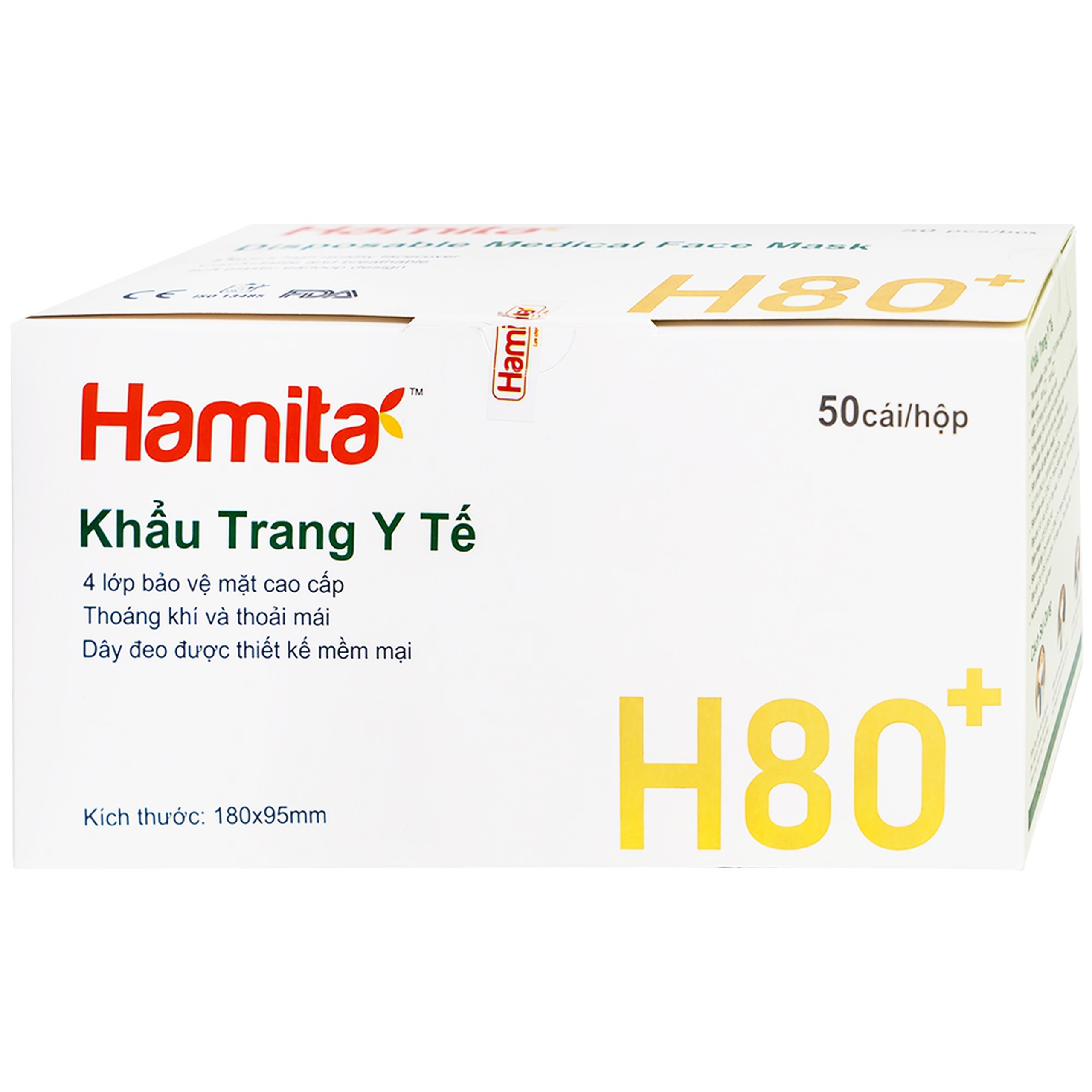 Khẩu trang than hoạt tính Hamita H80+ 4 lớp hỗ trợ ngăn khói, bụi, kháng khuẩn (50 cái)