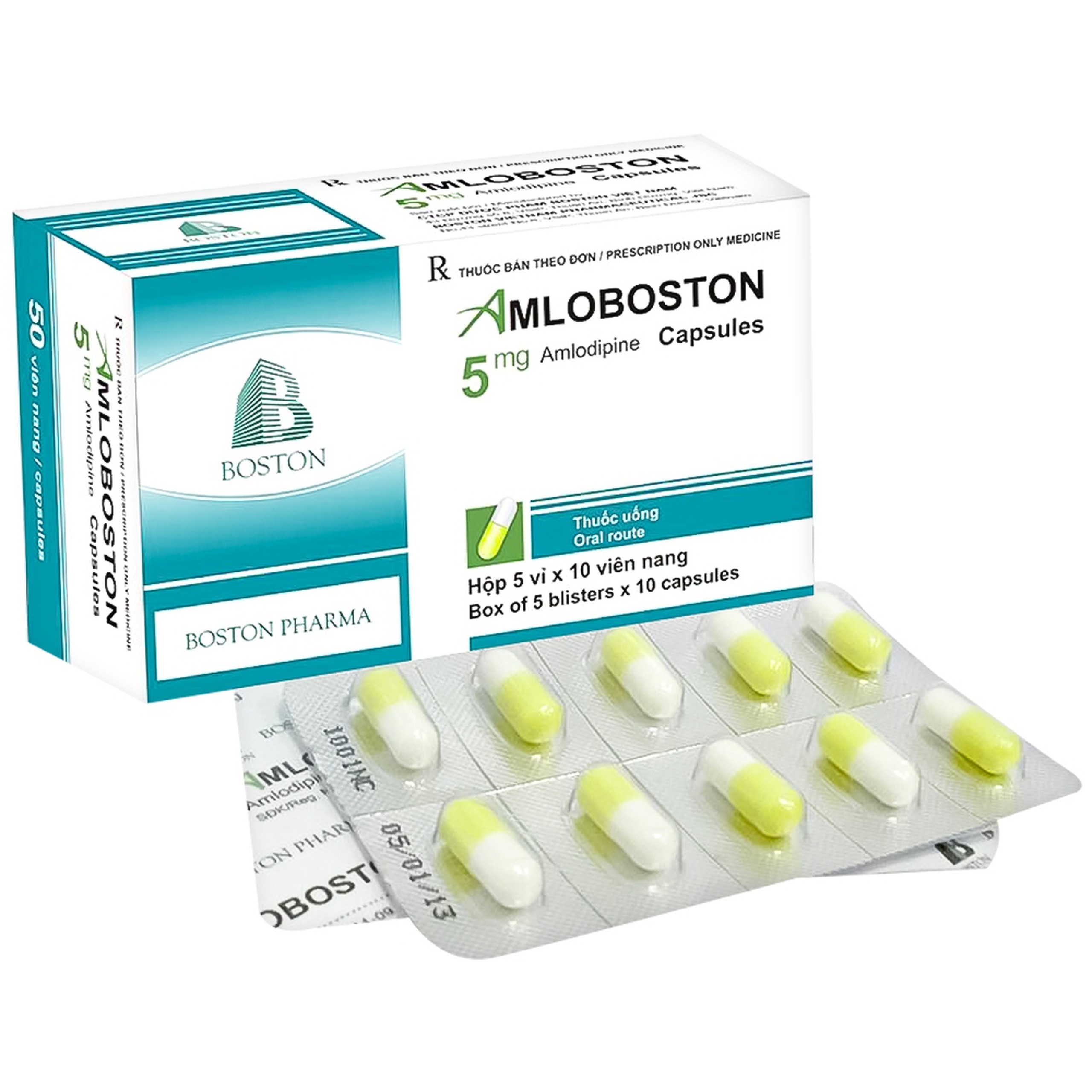 Thuốc Amloboston 5 Boston điều trị cao huyết áp, đau thắt ngực (5 vỉ x 10 viên)