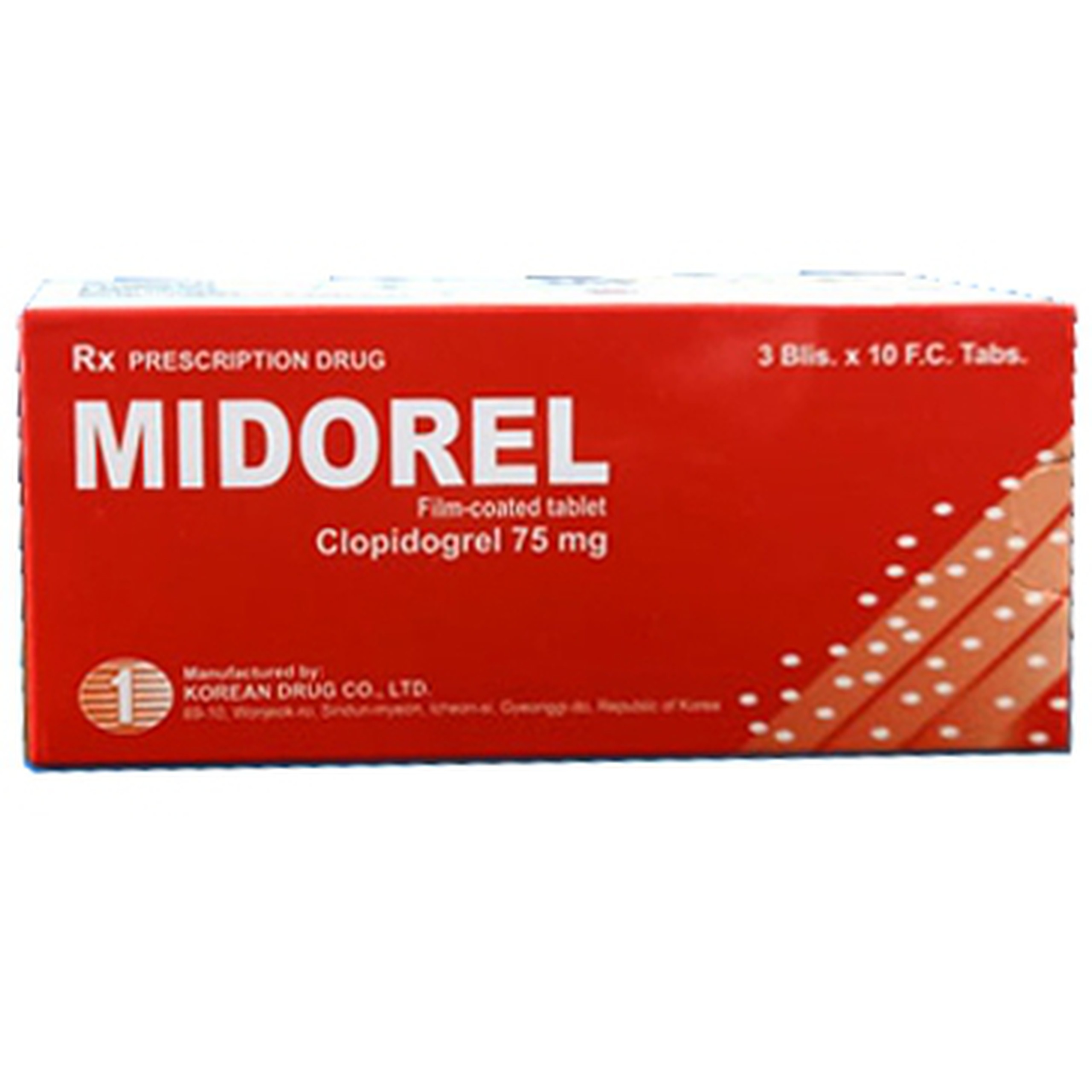 Viên nén Midorel 75mg Korea Drug giảm các biến cố do xơ vữa động mạch, nhồi máu cơ tim (3 vỉ x 10 viên)