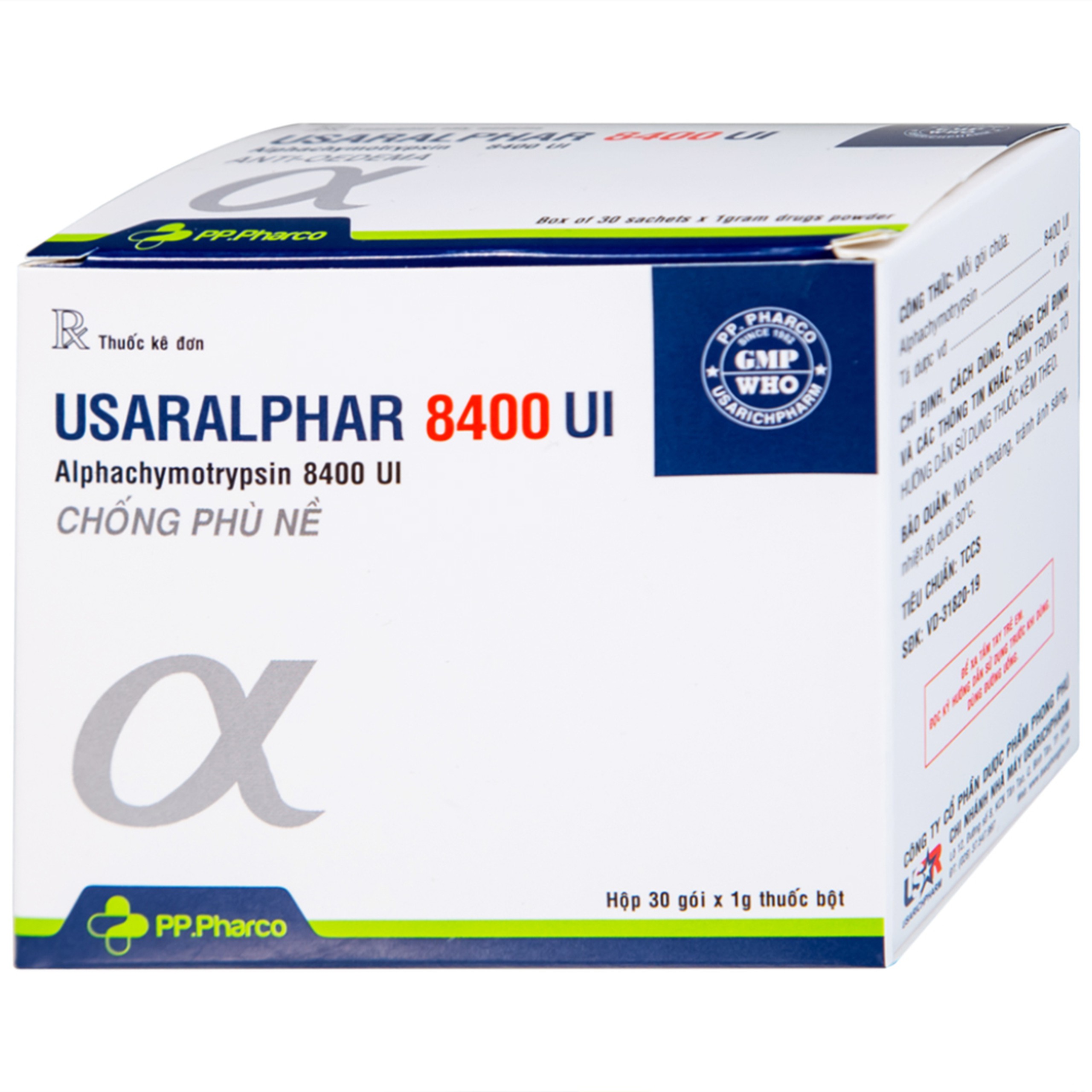 Thuốc Usaralphar 8400 UI PP.Pharco điều trị phù nề sau chấn thương, tổn thương mô mềm (30 gói x 1g)