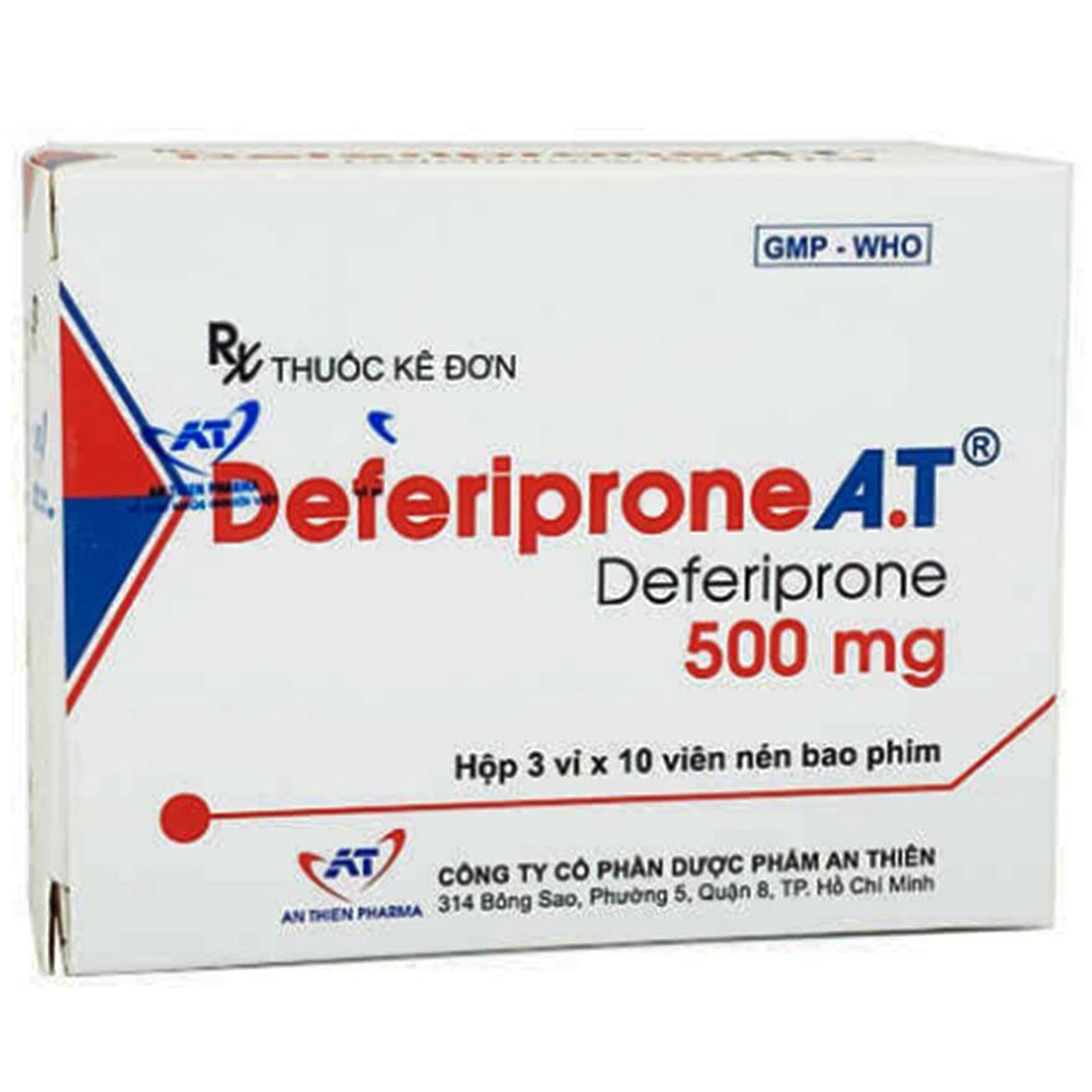 Thuốc Deferiprone A.T 500mg An Thiên điều trị nhiễm Hemosiderin (3 vỉ x 10 viên)