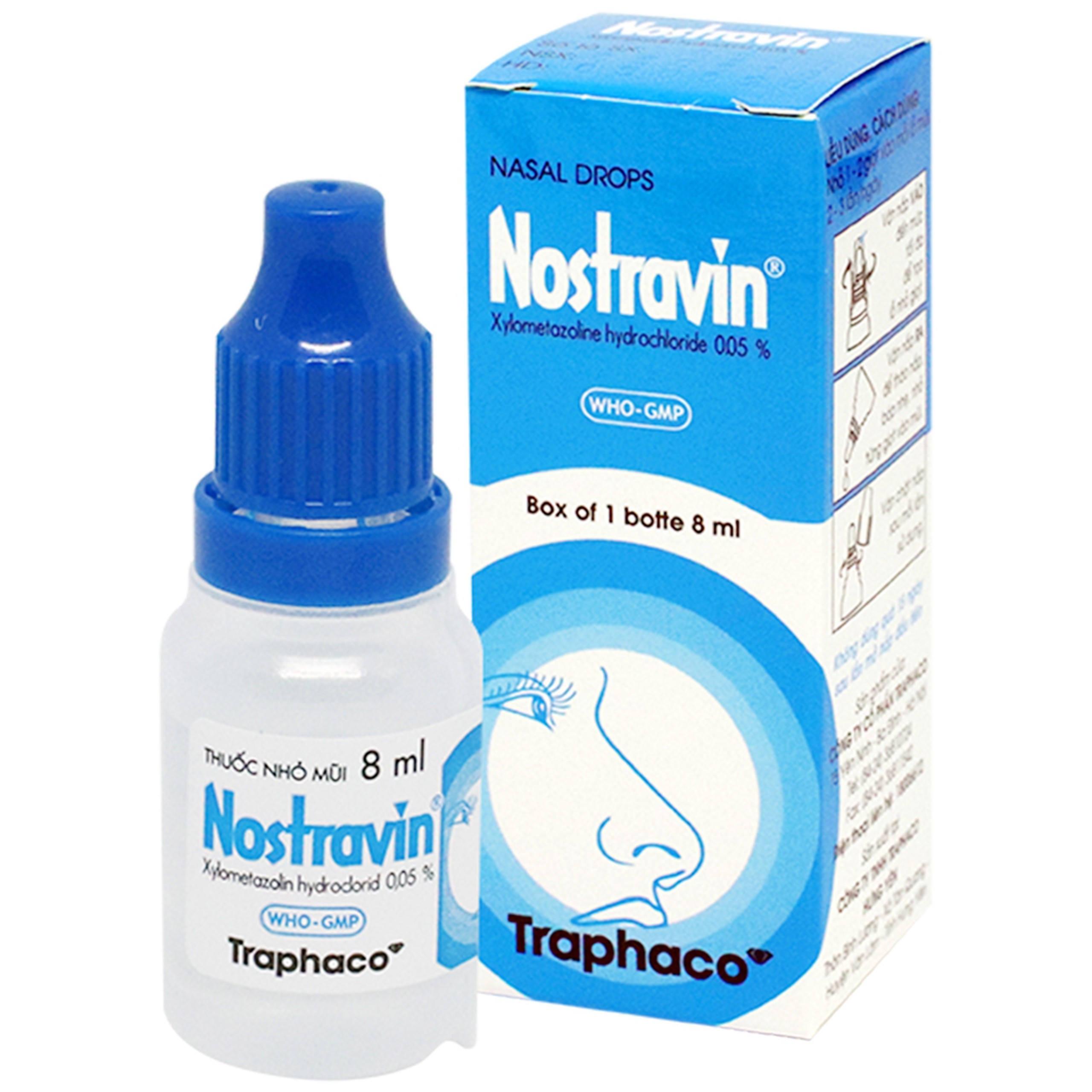 Thuốc nhỏ mũi Nostravin 0,05% Traphaco 8ml giảm triệu chứng ngạt mũi và giảm sung huyết