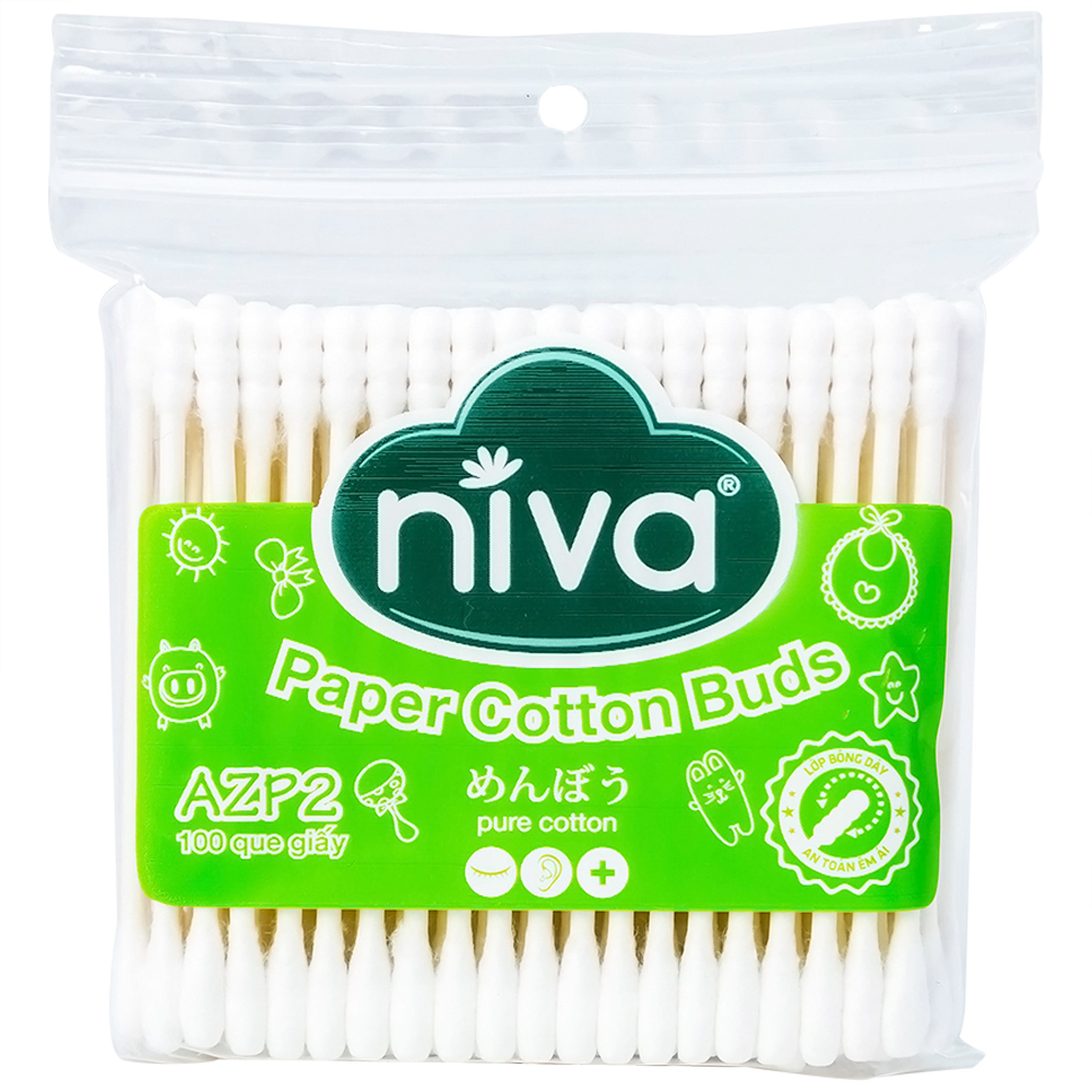Tăm bông Niva AZP2 Paper Cotton Buds túi zip 1 đầu tròn 1 đầu xoắn vệ sinh tai, mũi, vết thương (100 que)
