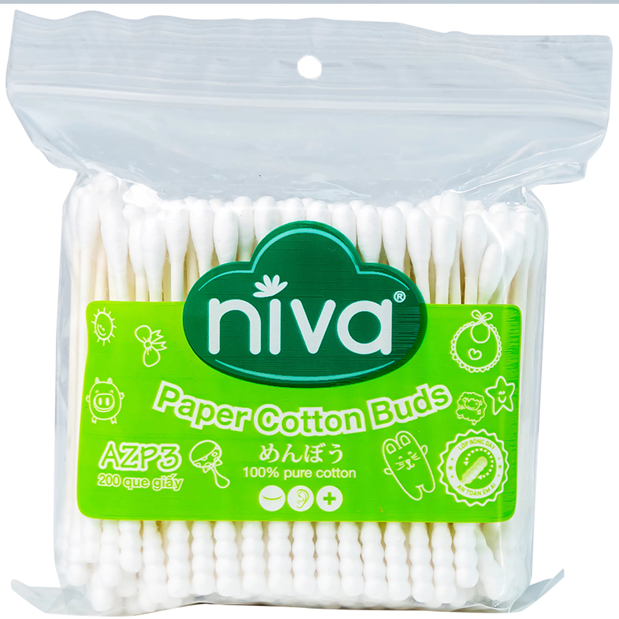 Tăm bông Niva AZP3 Paper Cotton Buds túi Zip 1 đầu tròn 1 đầu xoắn vệ sinh tai, mũi, vết thương (200 que)