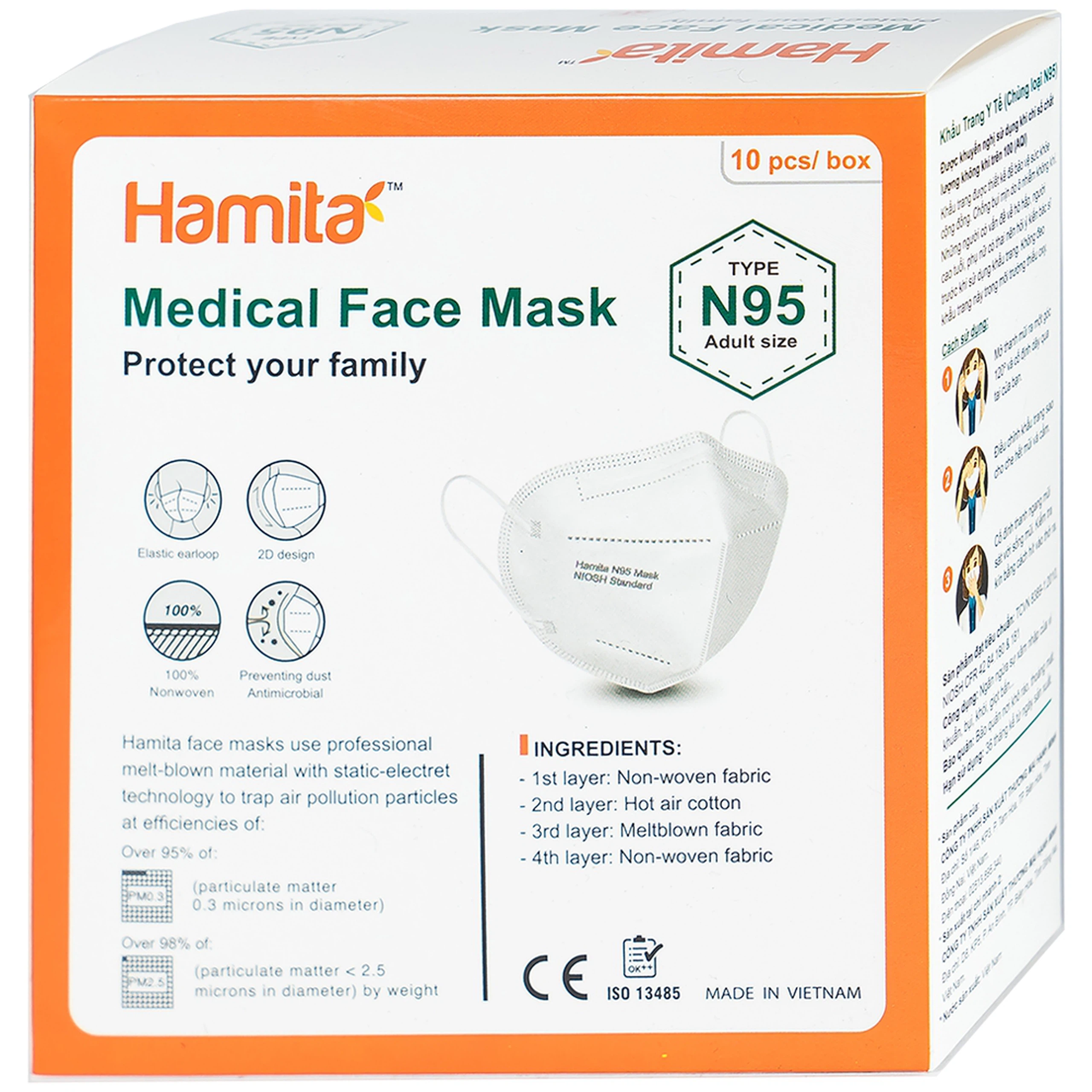 Khẩu trang y tế Hamita N95 ngăn bụi, kháng khuẩn (10 cái)