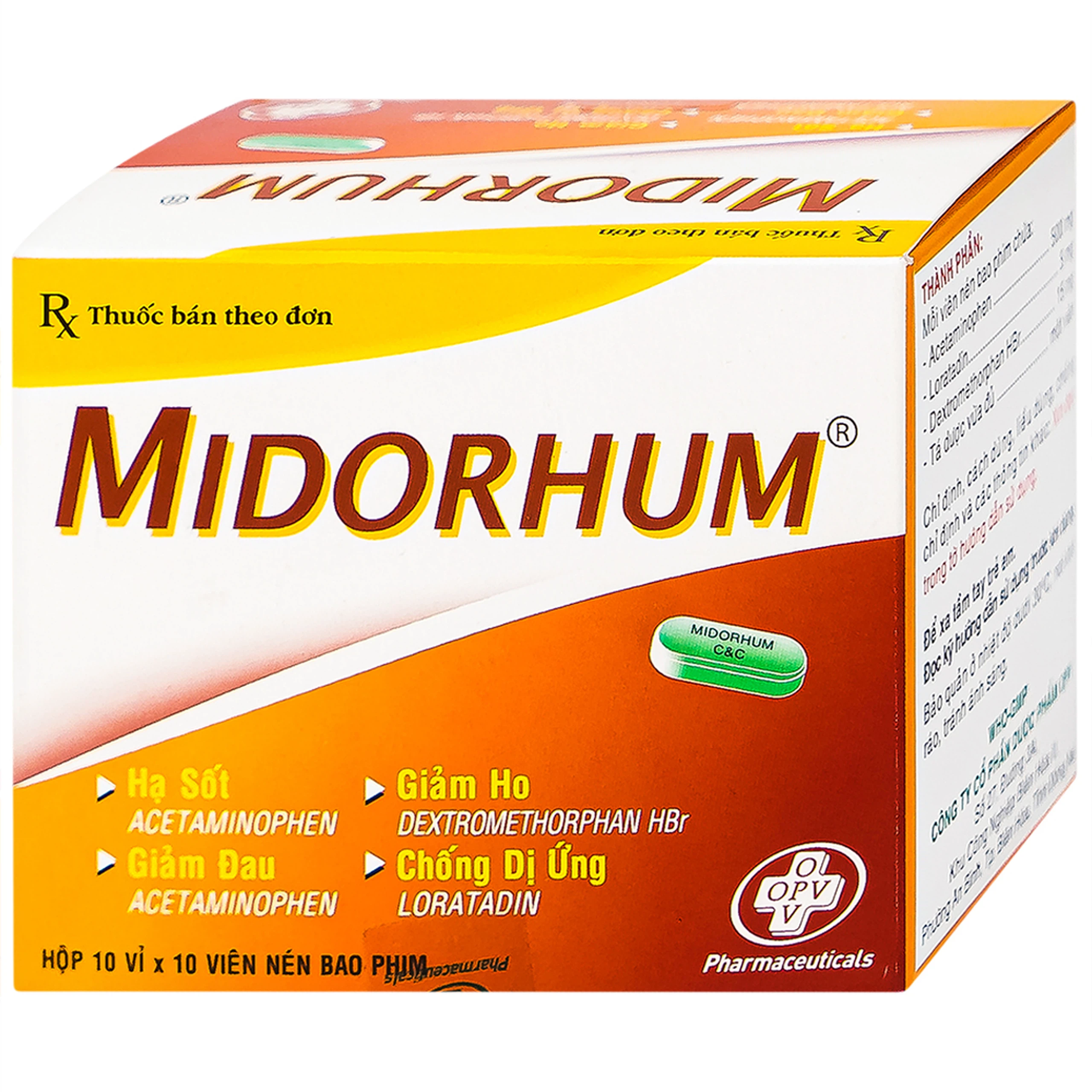 Viên nén Midorhum OPV hạ sốt, giảm ho, giảm đau, chống dị ứng (10 vỉ x 10 viên)