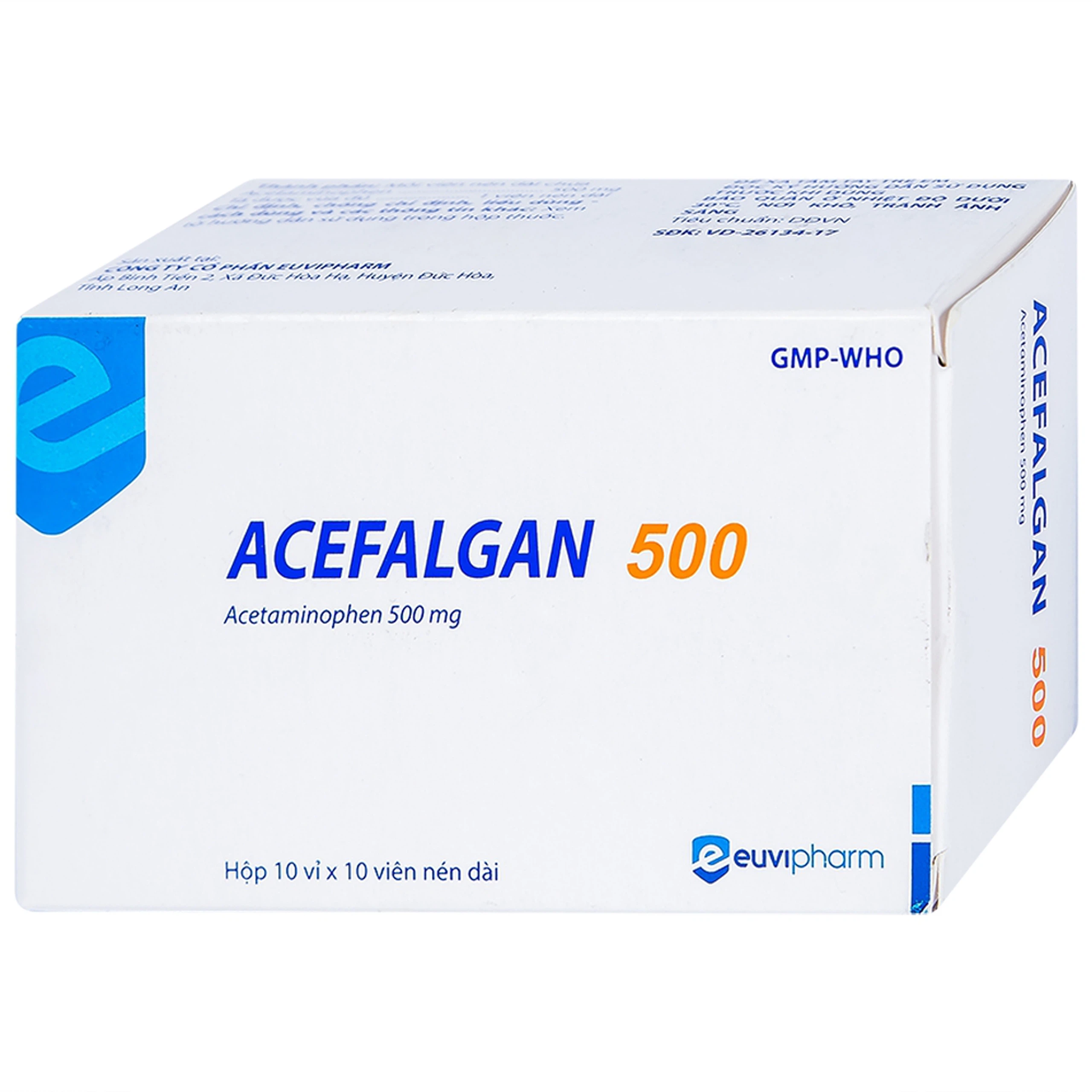 Thuốc Acefalgan 500mg Euvipharm giảm đau nhẹ đến vừa, hạ sốt (10 vỉ x 10 viên)