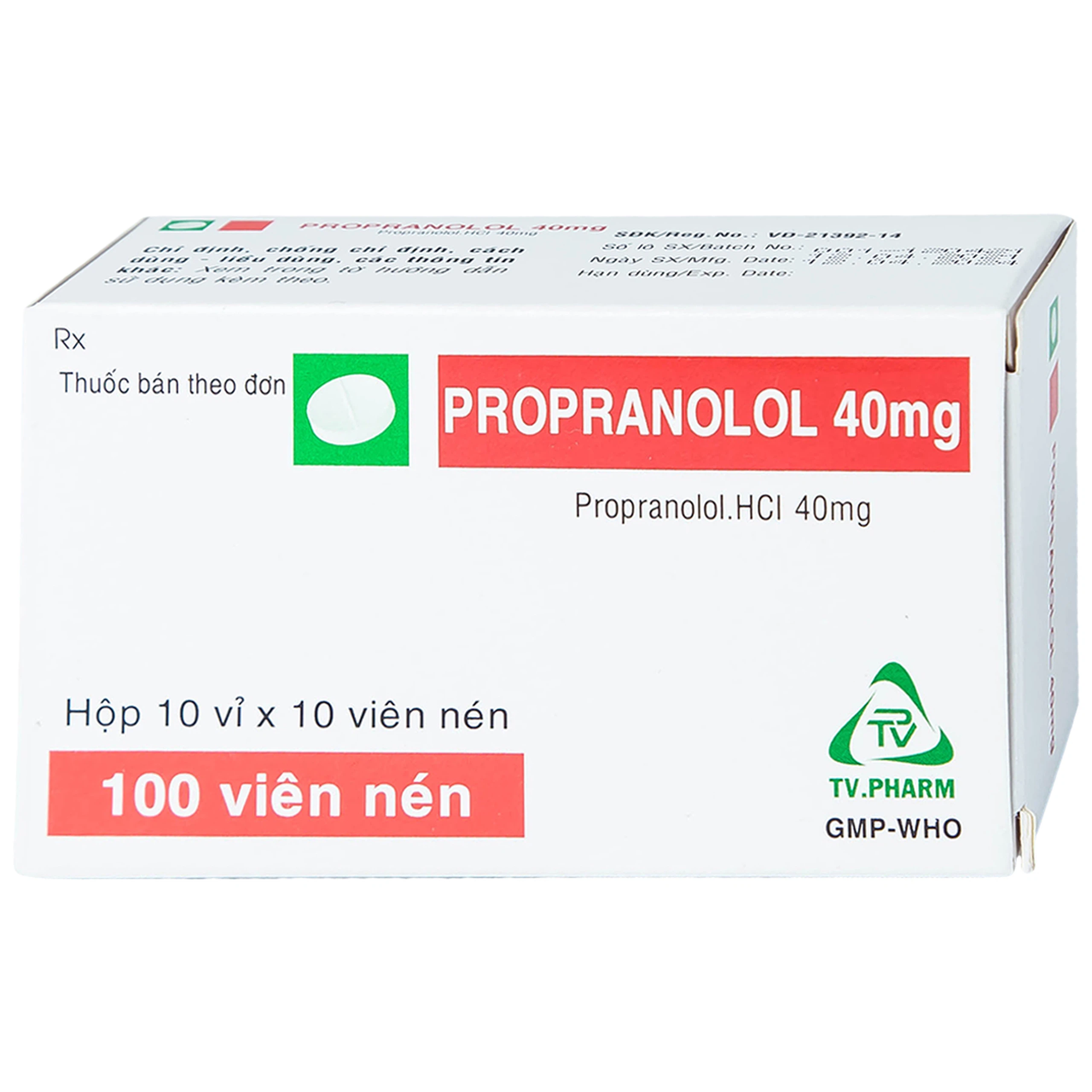 Thuốc Propranolol 40mg TV.Pharm điều trị tăng huyết áp, đau thắt ngực (10 vỉ x 10 viên)