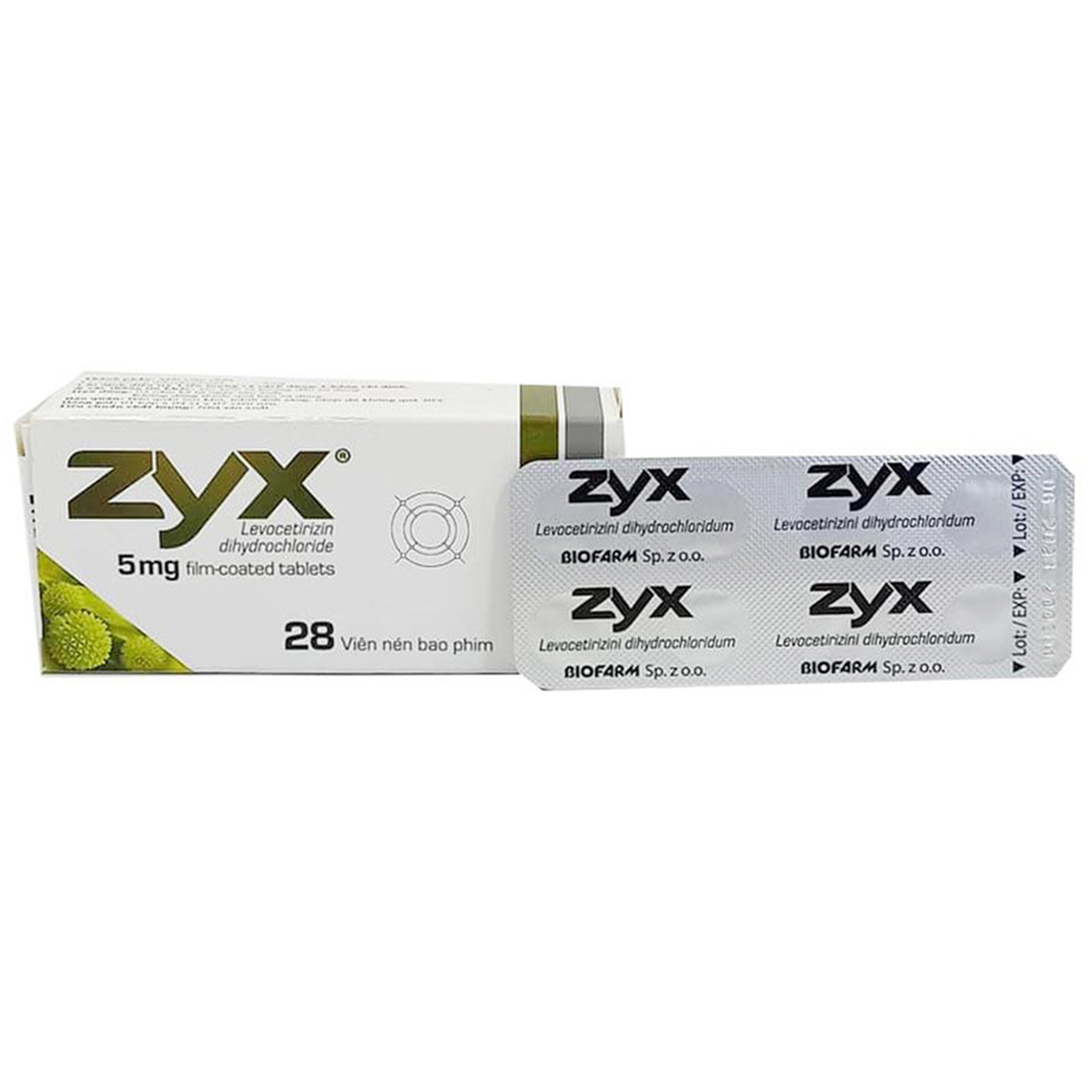 Thuốc Zyx 5mg Biofarm điều trị viêm mũi dị ứng, hắt hơi, chảy nước mũi, viêm kết mạc dị ứng (4 vỉ x 7 viên)