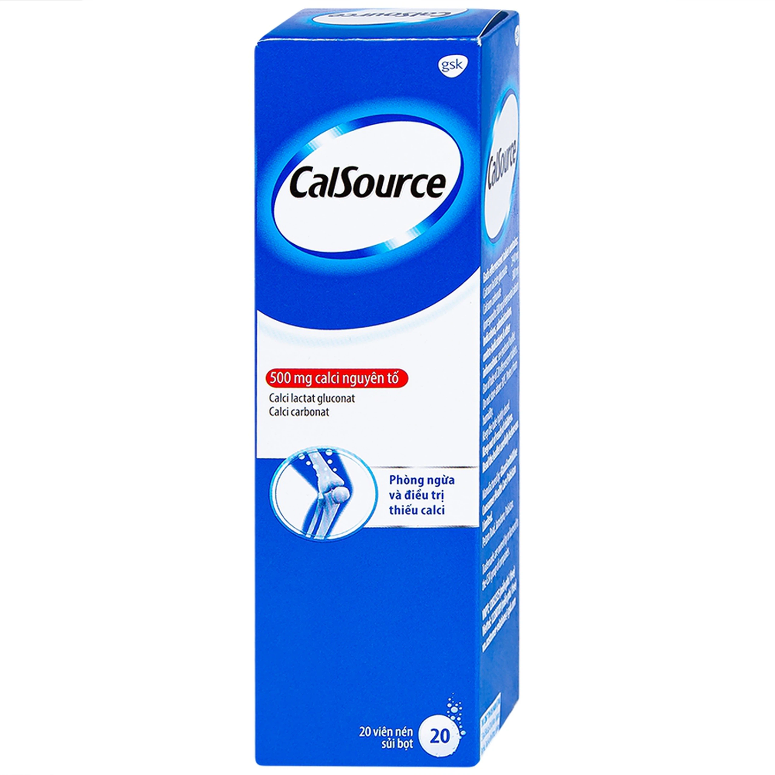 Viên sủi CalSource 500mg GSK phòng ngừa và điều trị thiếu canxi (20 viên)