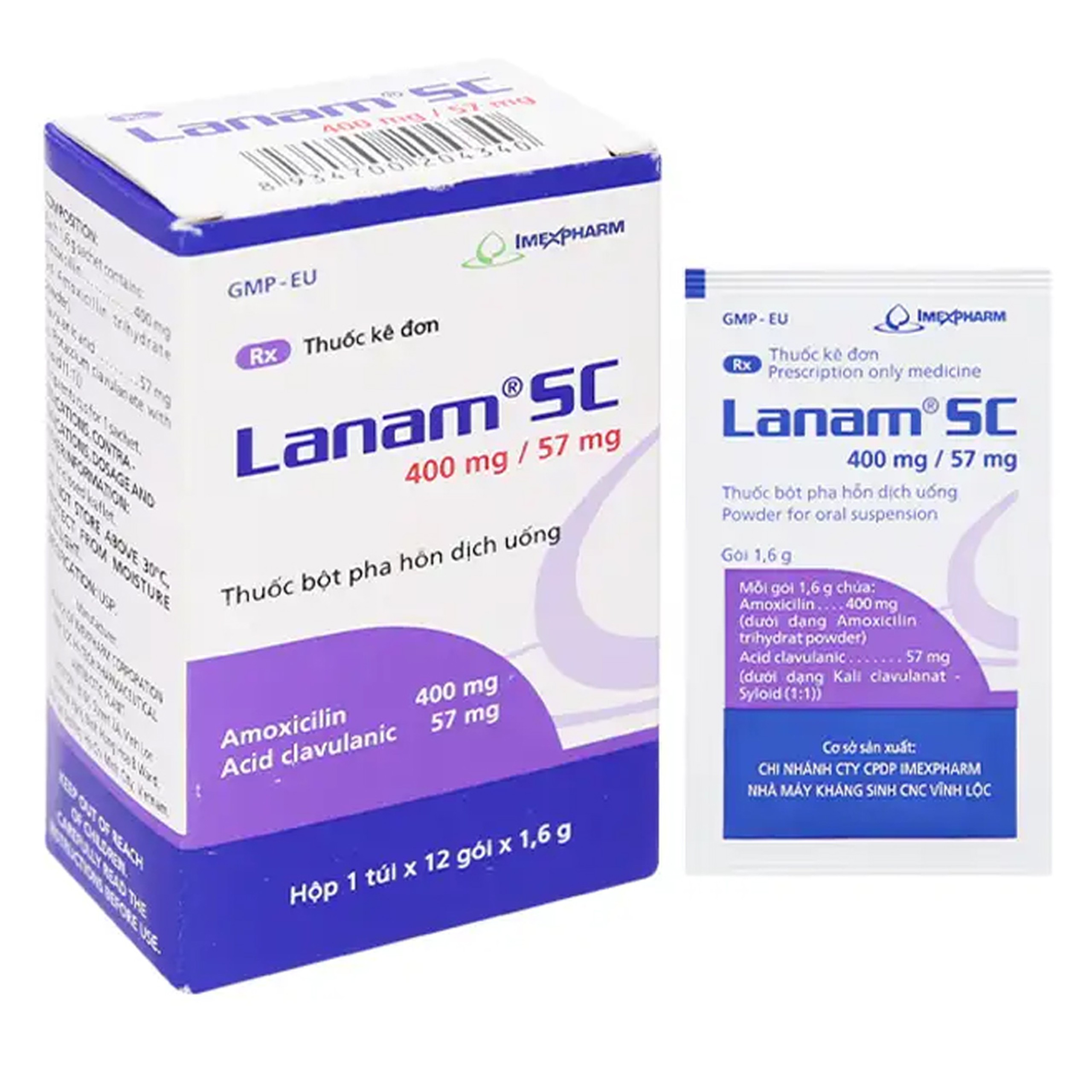 Thuốc bột pha hỗn dịch uống Lanam SC 400mg/57mg Imexpharm điều trị các nhiễm khuẩn do vi khuẩn (12 gói x 1,6g)