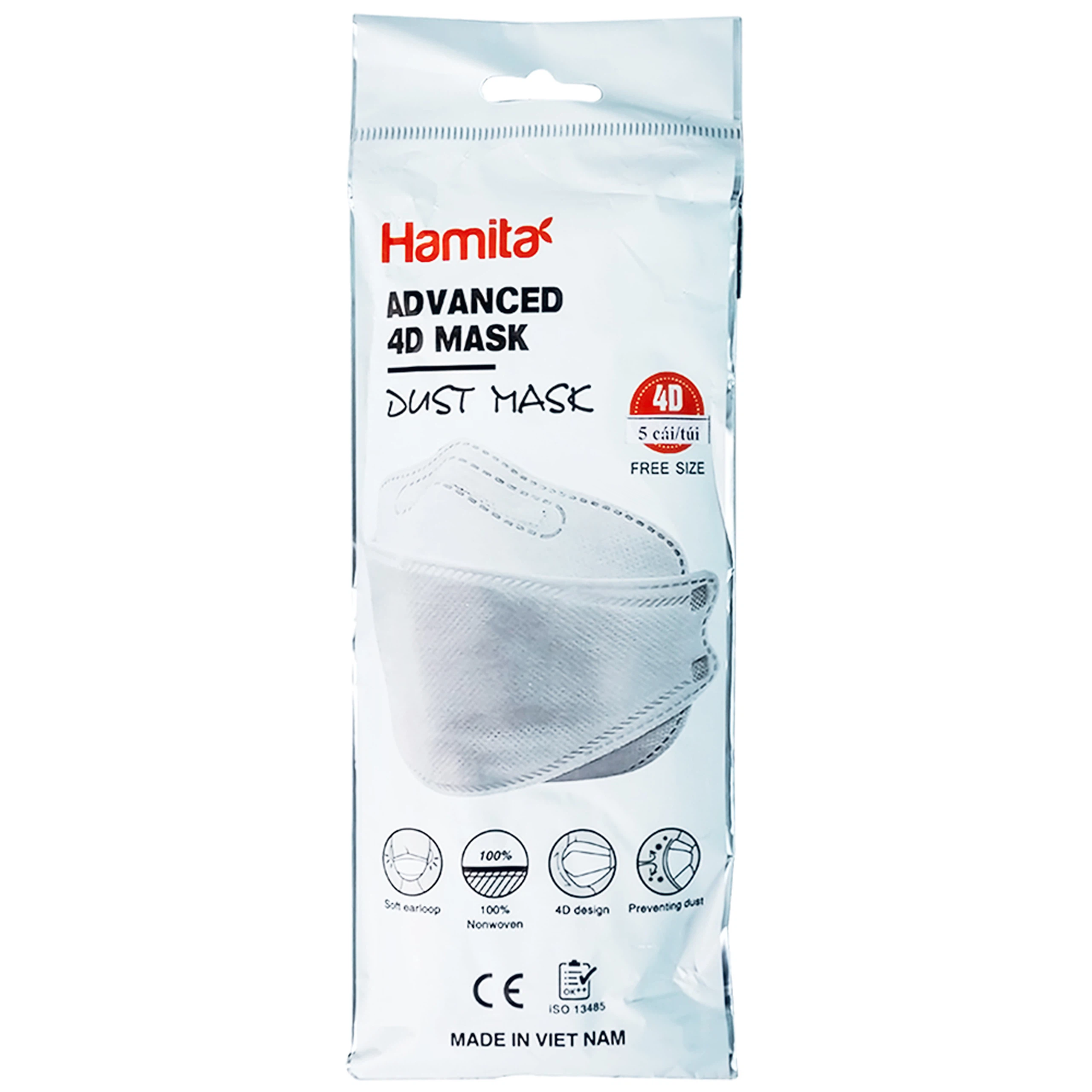 Khẩu trang y tế Hamita Advanced 4D Mask màu trắng hỗ trợ ngăn khói, bụi, kháng khuẩn (5 cái)