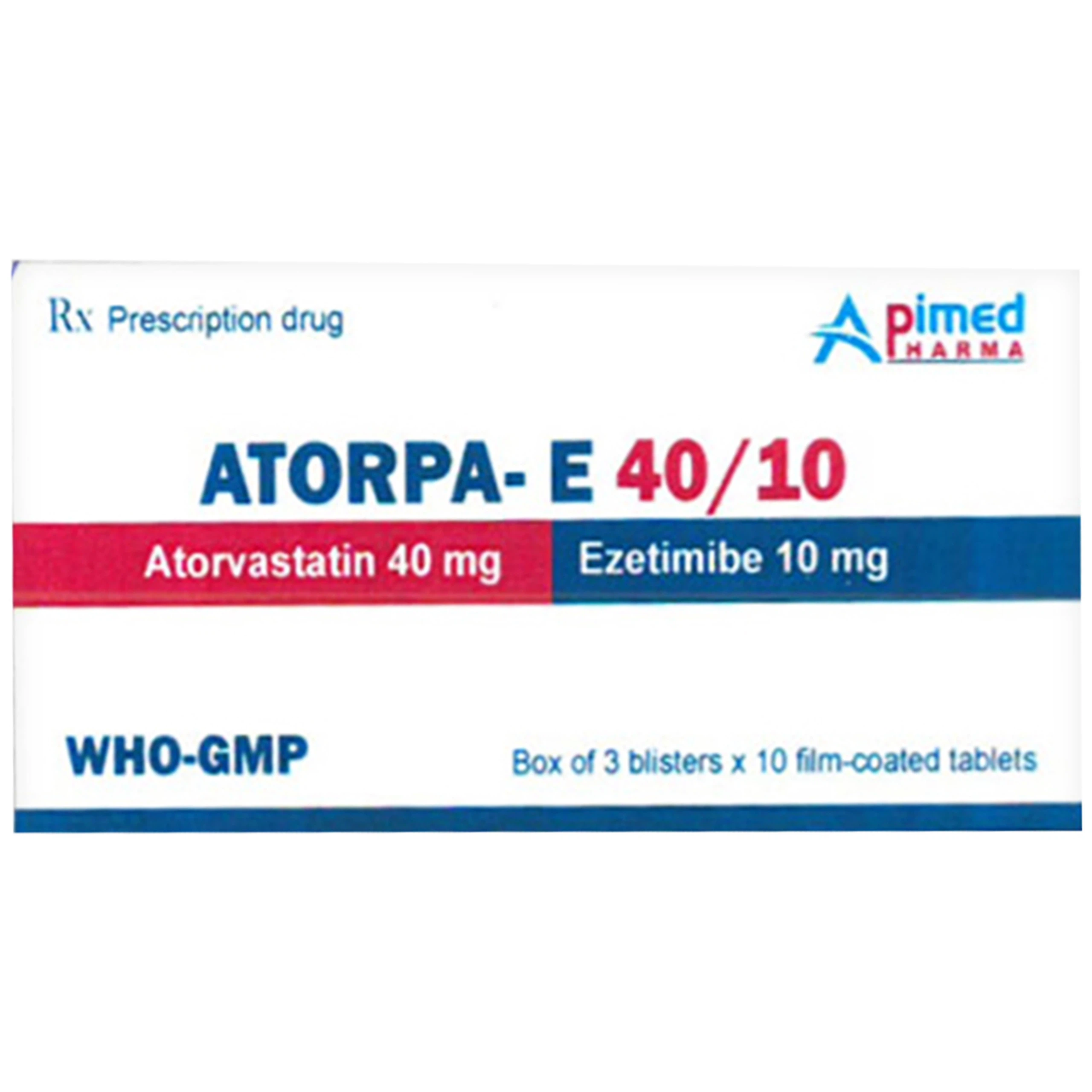Thuốc Atorpa-E 40/10 Apimed phòng ngừa bệnh tim mạch và tăng cholesterol máu (3 vỉ x 10 viên)