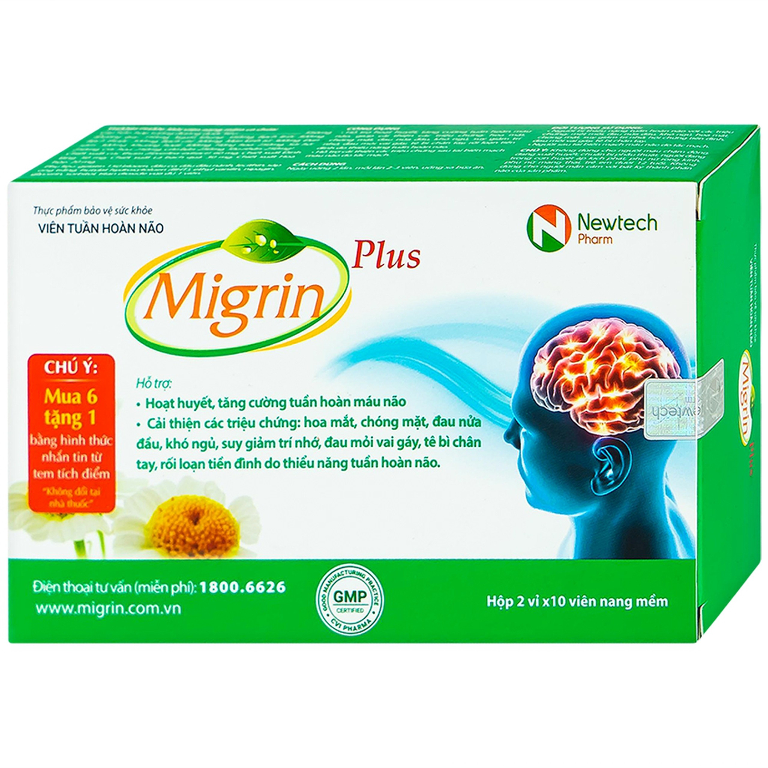 Viên uống Migrin Plus CVI Pharma hỗ trợ hoạt huyết, tăng cường tuần hoàn máu não (2 vỉ x 10 viên)