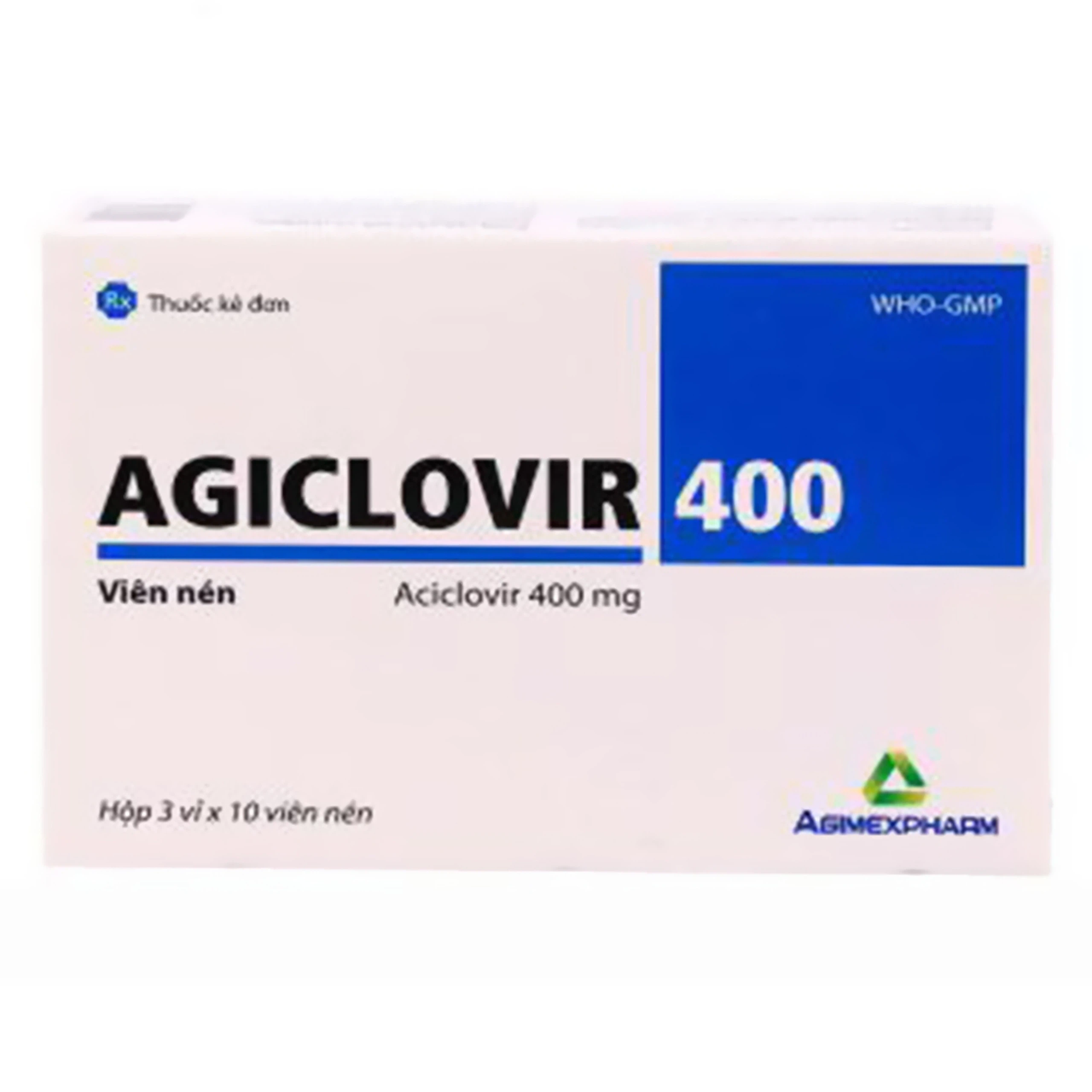 Thuốc Agiclovir 400 Agimexpharm điều trị nhiễm Herpes simplex, Herpes zoster, thủy đậu (3 vỉ x 10 viên)