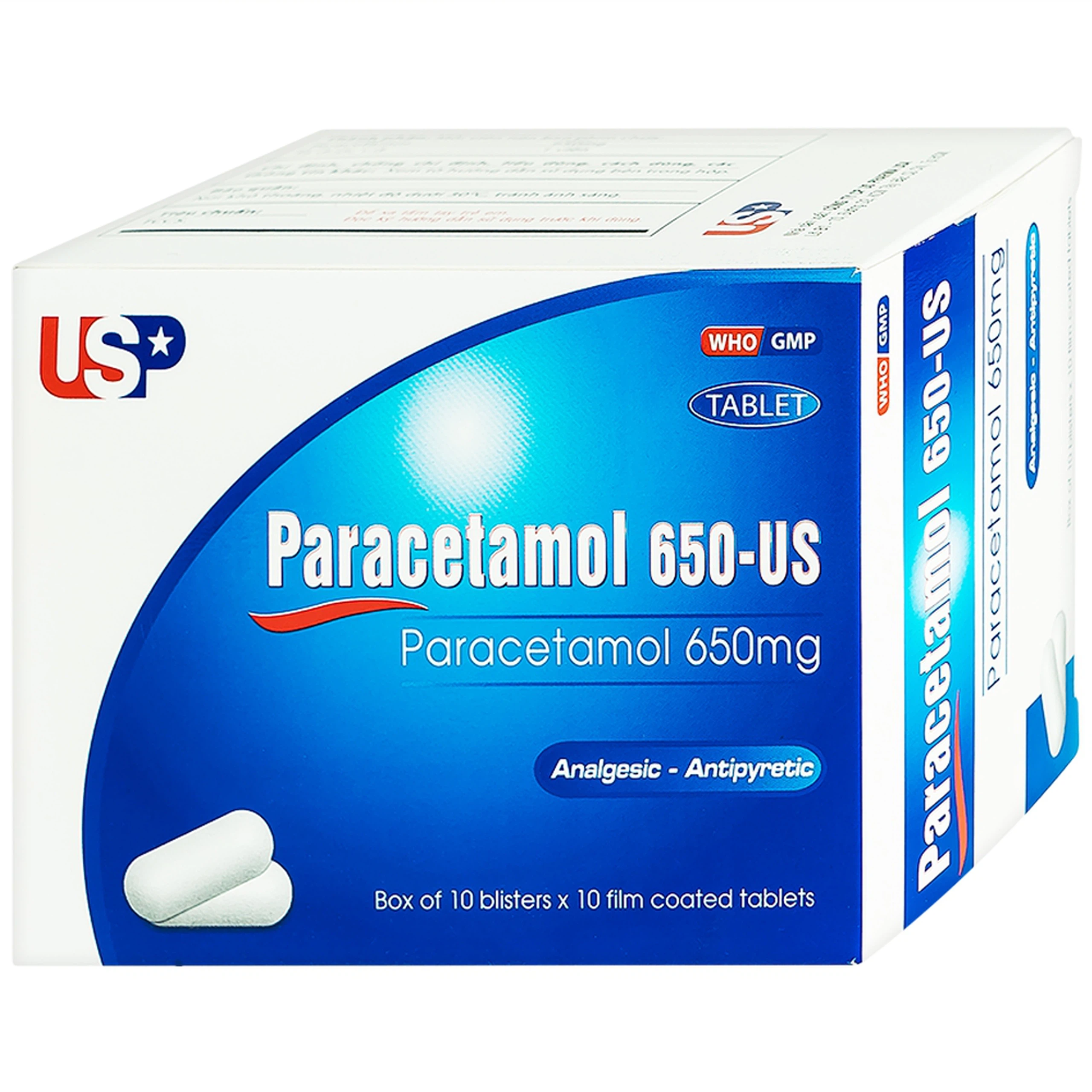 Viên nén Paracetamol 650-US giảm đau, hạ sốt, giảm chứng nhức đầu, đau răng (10 vỉ x 10 viên)