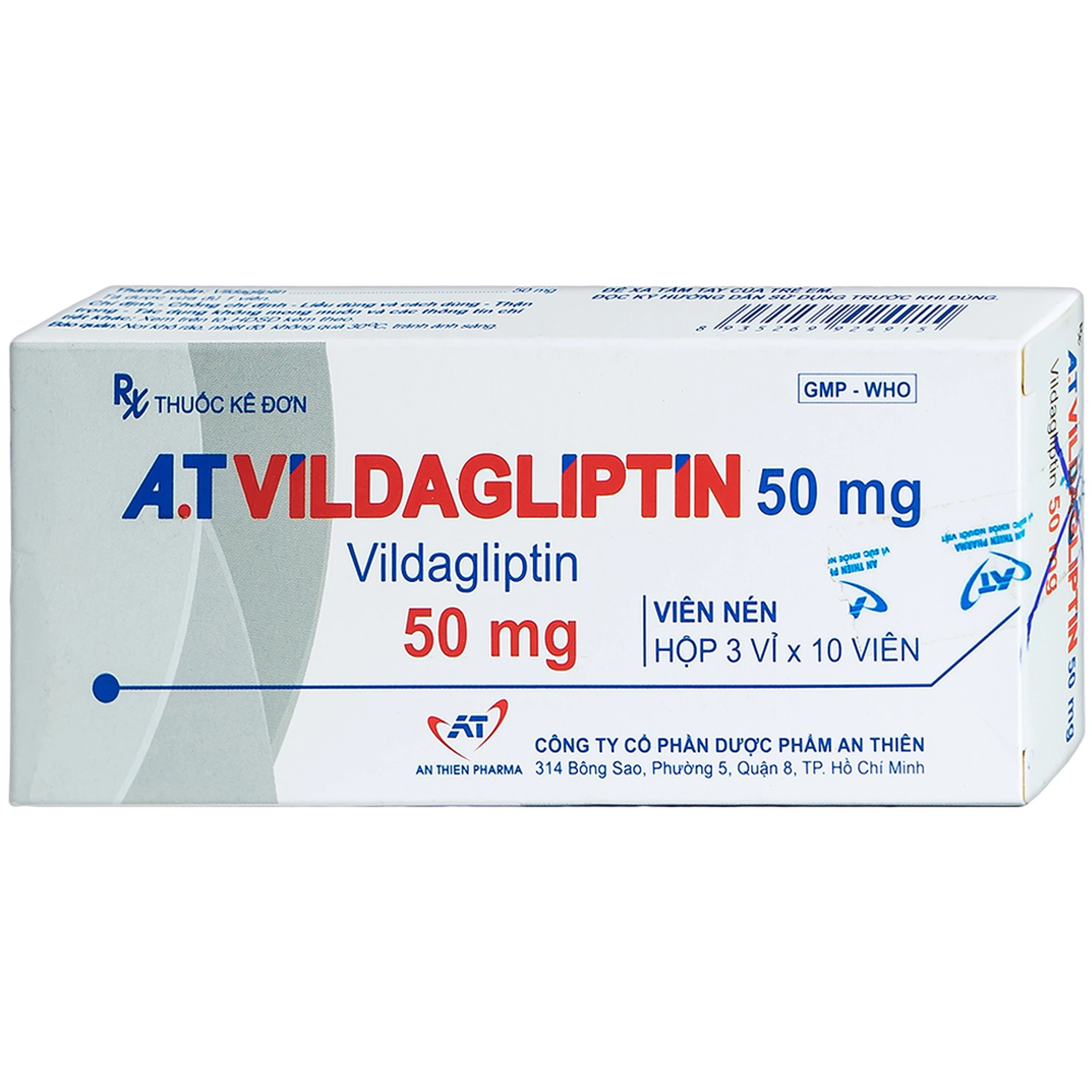 Thuốc A.T Vildagliptin 50mg điều trị đái tháo đường tuýp 2 (3 vỉ x 10 viên)