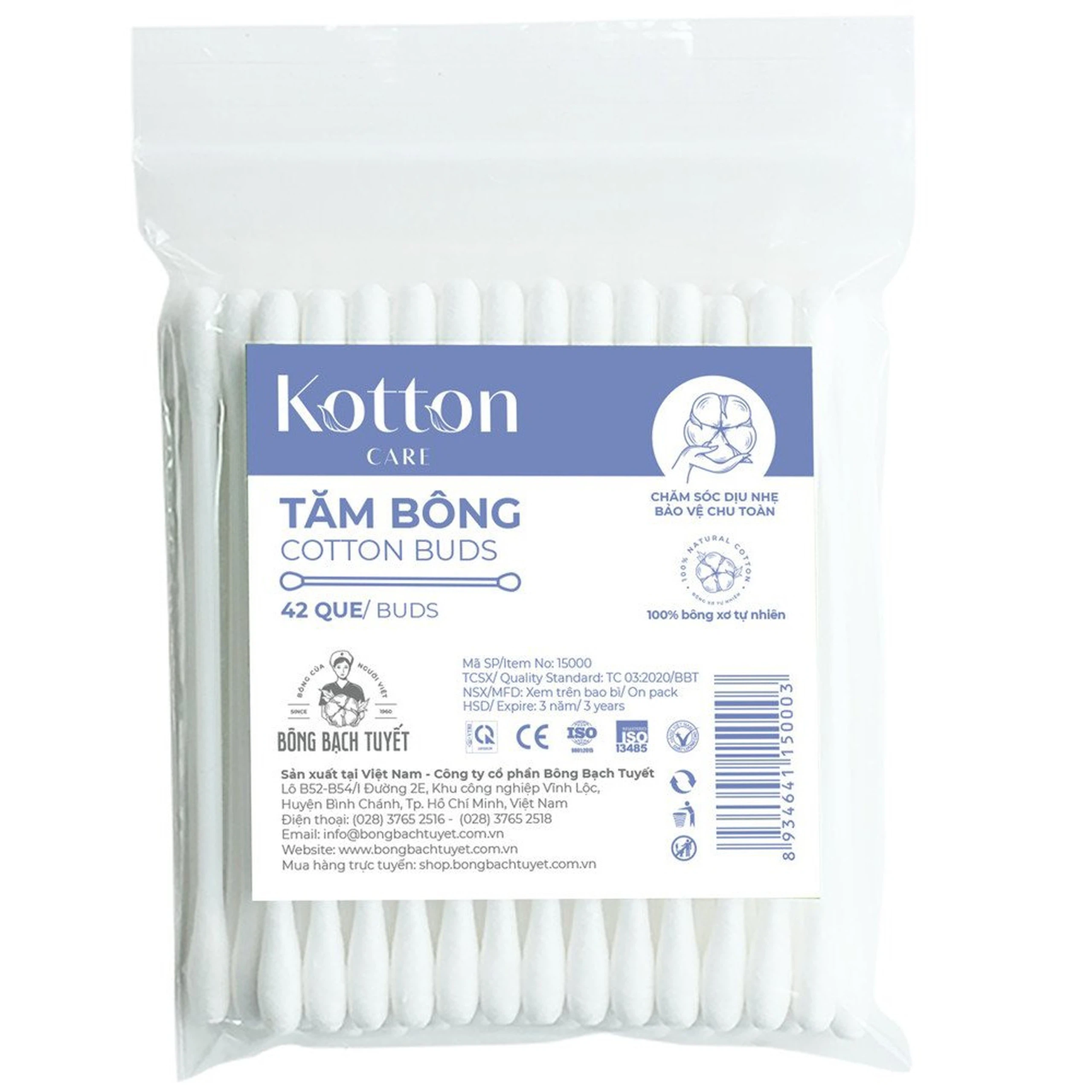 Tăm bông Kotton Care Cotton Buds Bạch Tuyết tiện dụng cho trang điểm, tẩy trang (42 que)