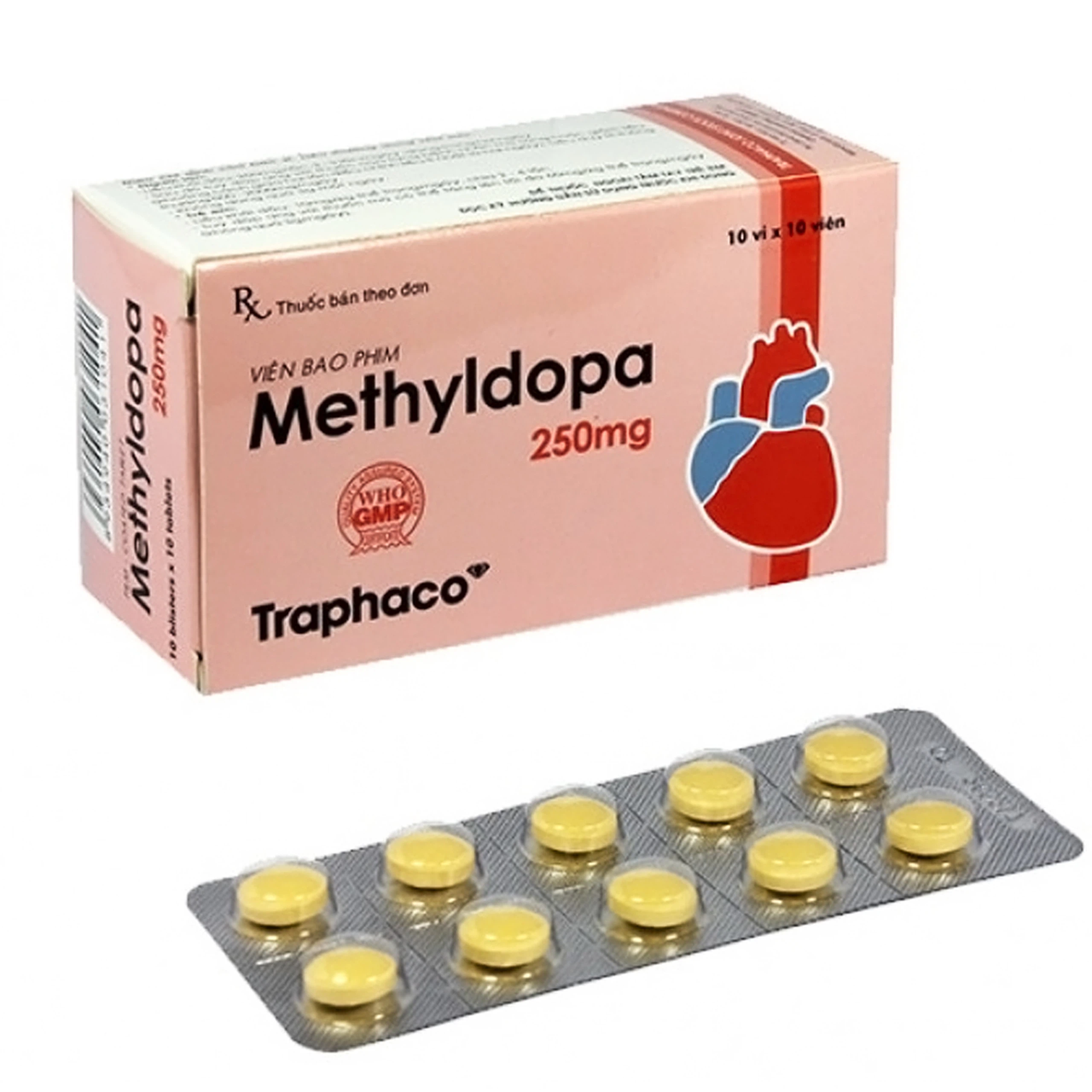 Viên nén Methyldopa 250mg Traphaco điều trị tăng huyết áp (10 vỉ x 10 viên)