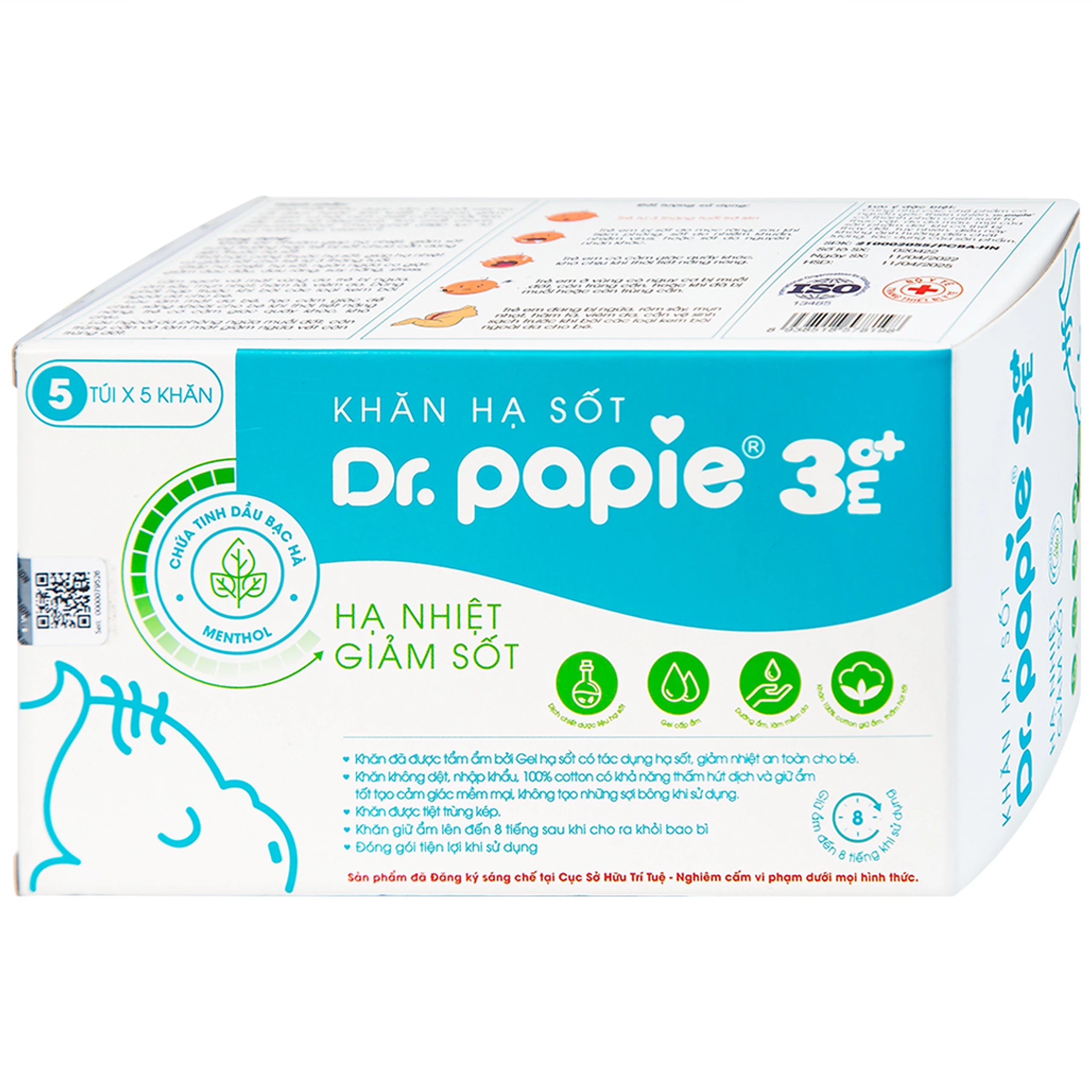 Khăn hạ sốt Dr.Papie 3M0+ hỗ trợ hạ nhiệt giảm sốt (5 túi x 5 khăn)