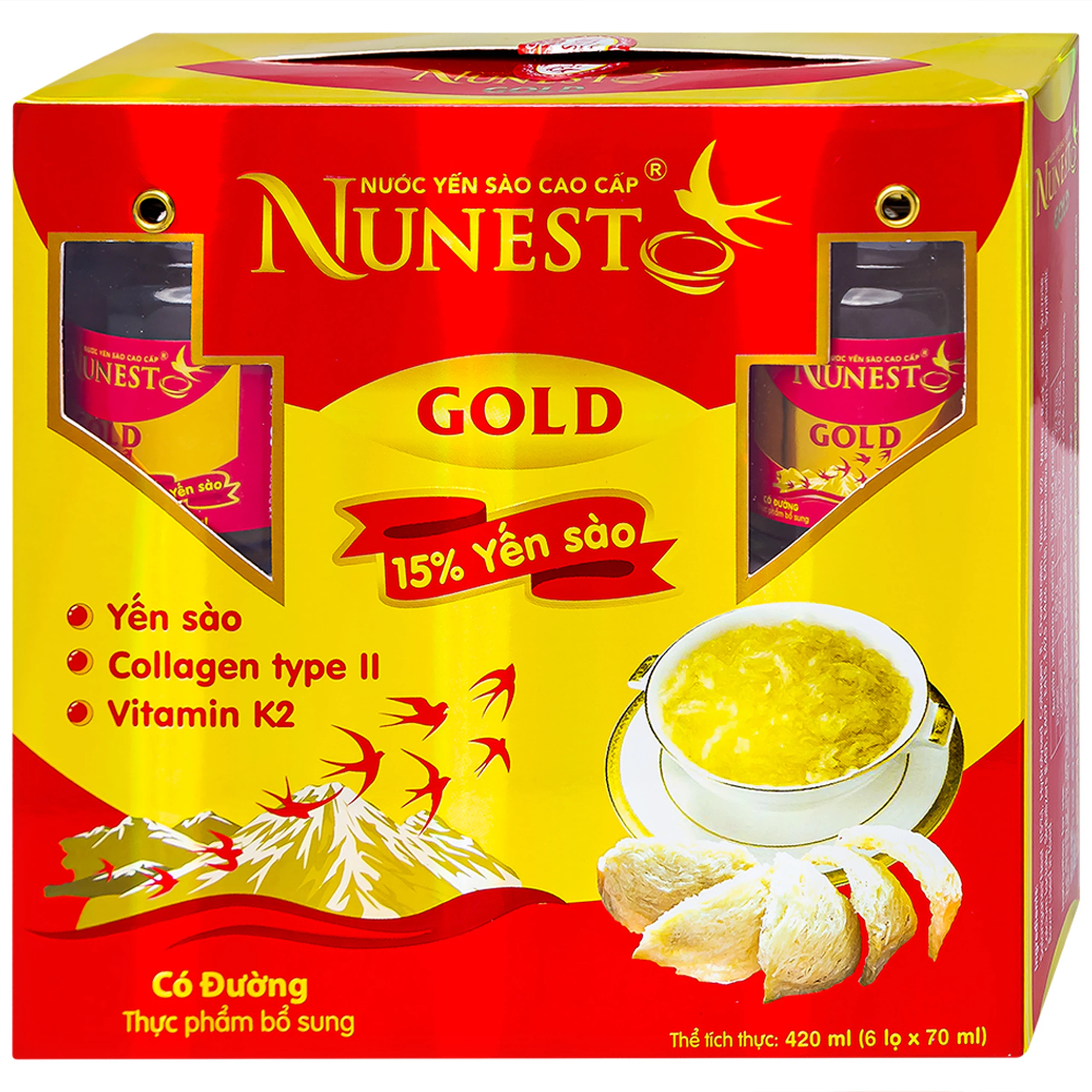 Nước Yến Sào cao cấp Nunest Gold 15% có đường, bồi bổ sức khỏe và đẩy lùi lão hóa (6 hũ x 70ml)