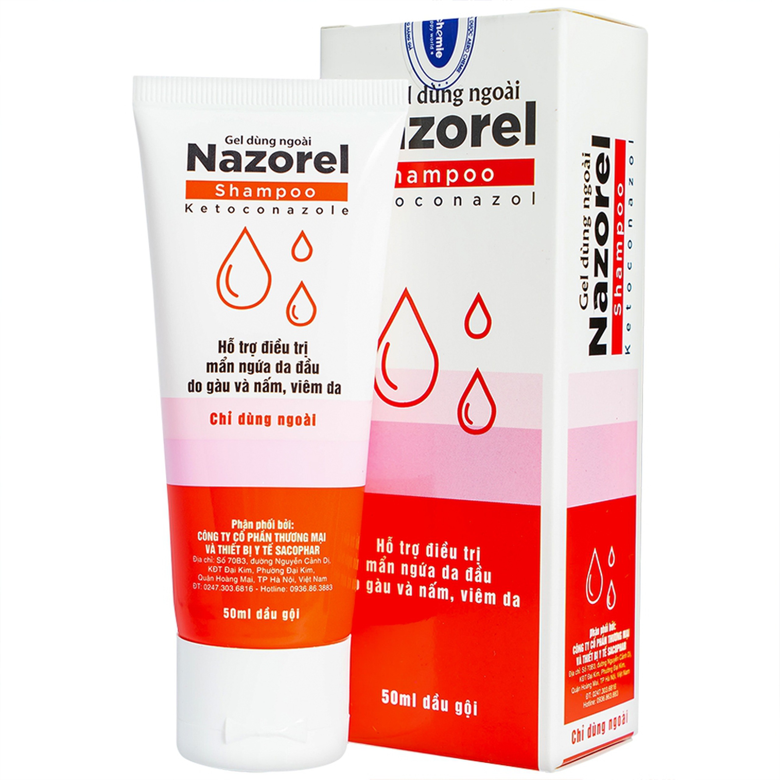 Gel dùng ngoài Nazorel Shampoo Ketoconazol hỗ trợ điều trị mẩn ngứa da đầu do gàu và nấm viêm da (50ml)
