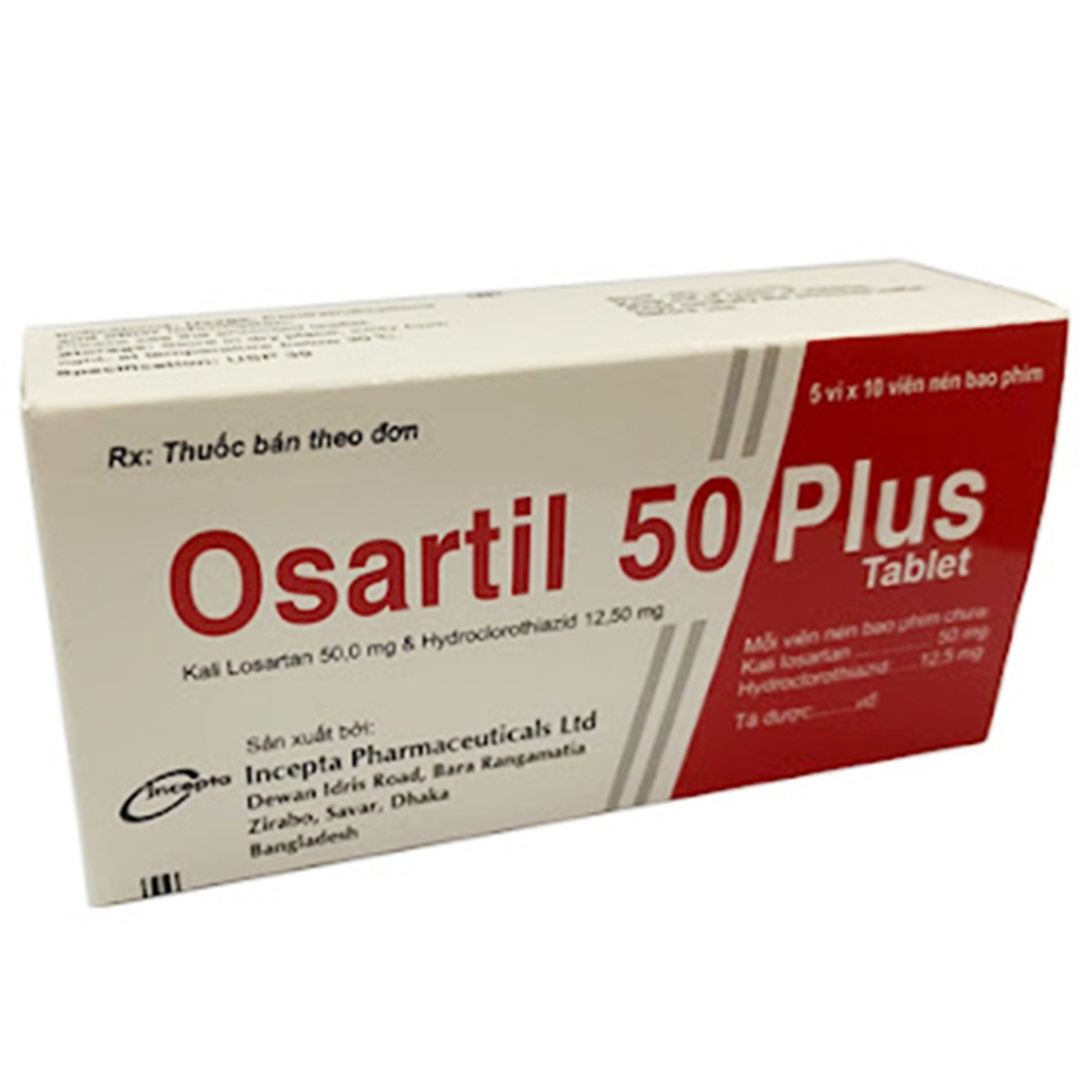 Viên nén Osartil 50 Plus Incepta Pharma điều trị tăng huyết áp và giảm nguy cơ đột quỵ (5 vỉ x 10 viên)