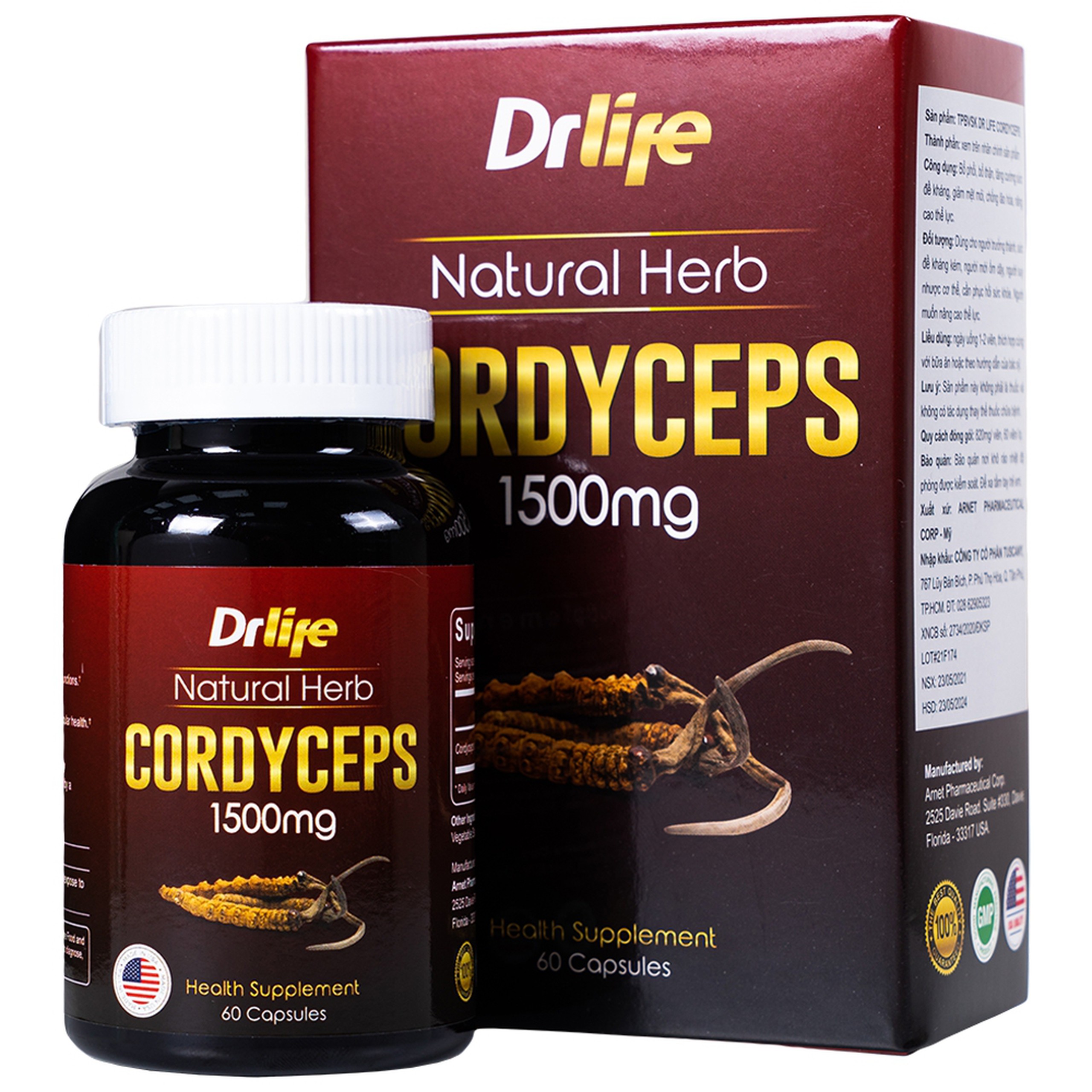 Viên uống Drlife Natural Herb Cordyceps 1500mg Arnet Pharmaceutical bổ phổi, bổ thận (60 viên)