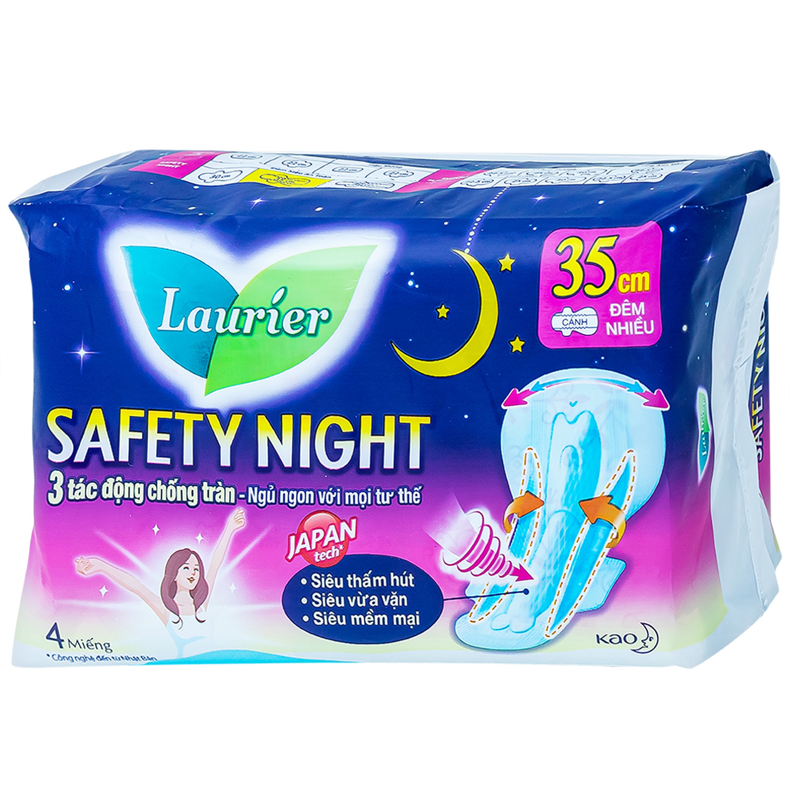 Băng vệ sinh ban đêm Laurier Safety Night Kao thấm hút nhanh (4 miếng x 35cm)