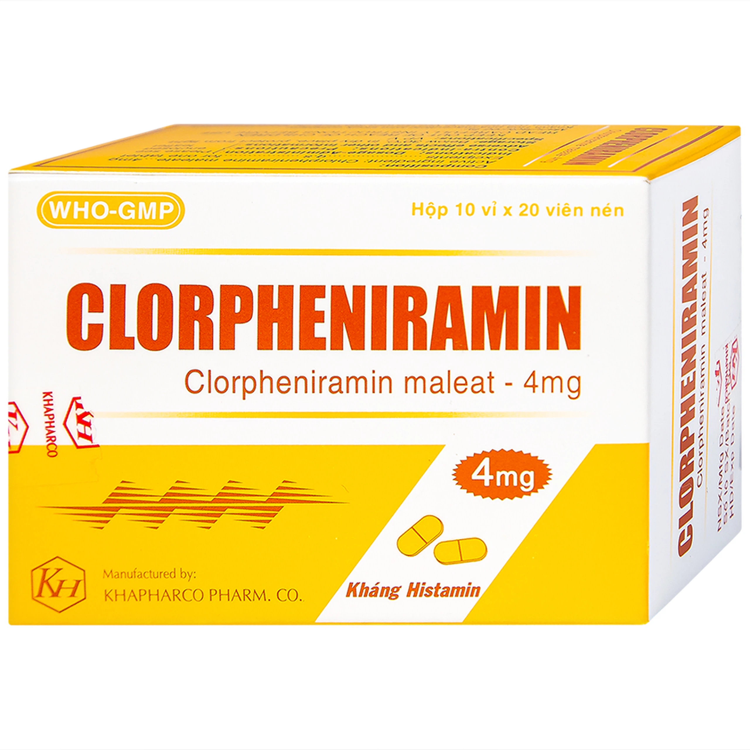 Thuốc Clorpheniramin 4mg Khapharco điều trị triệu chứng viêm mũi dị ứng theo mùa, quanh năm và mày đay (10 vỉ x 20 viên)