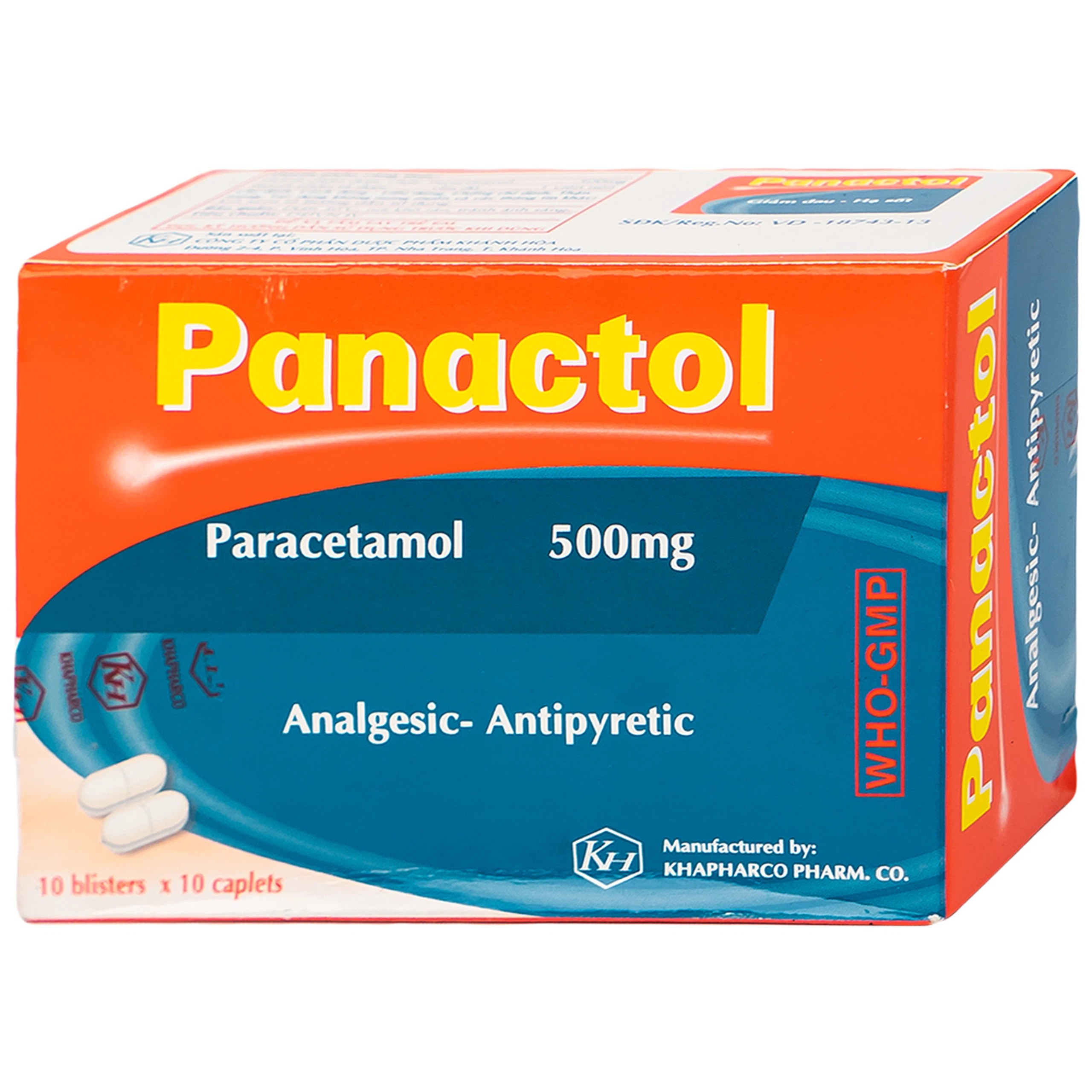Viên nén Panactol 500mg Khapharco giảm đau, hạ sốt, điều trị đau đầu, đau răng (10 vỉ x 10 viên)