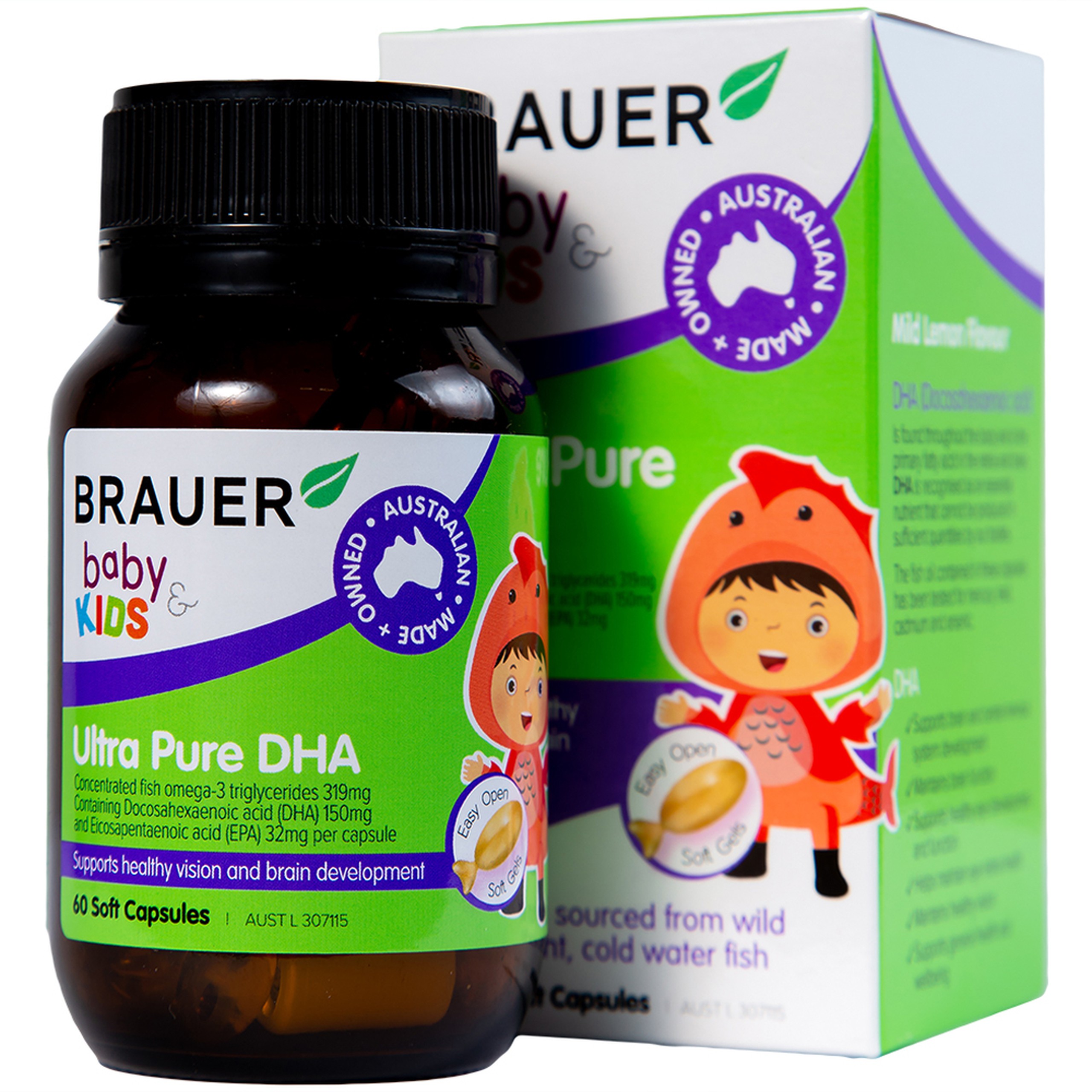 Viên uống Brauer Baby & Kids Ultra Pure DHA hỗ trợ phát triển não bổ, sức khỏe cho mắt (60 viên)