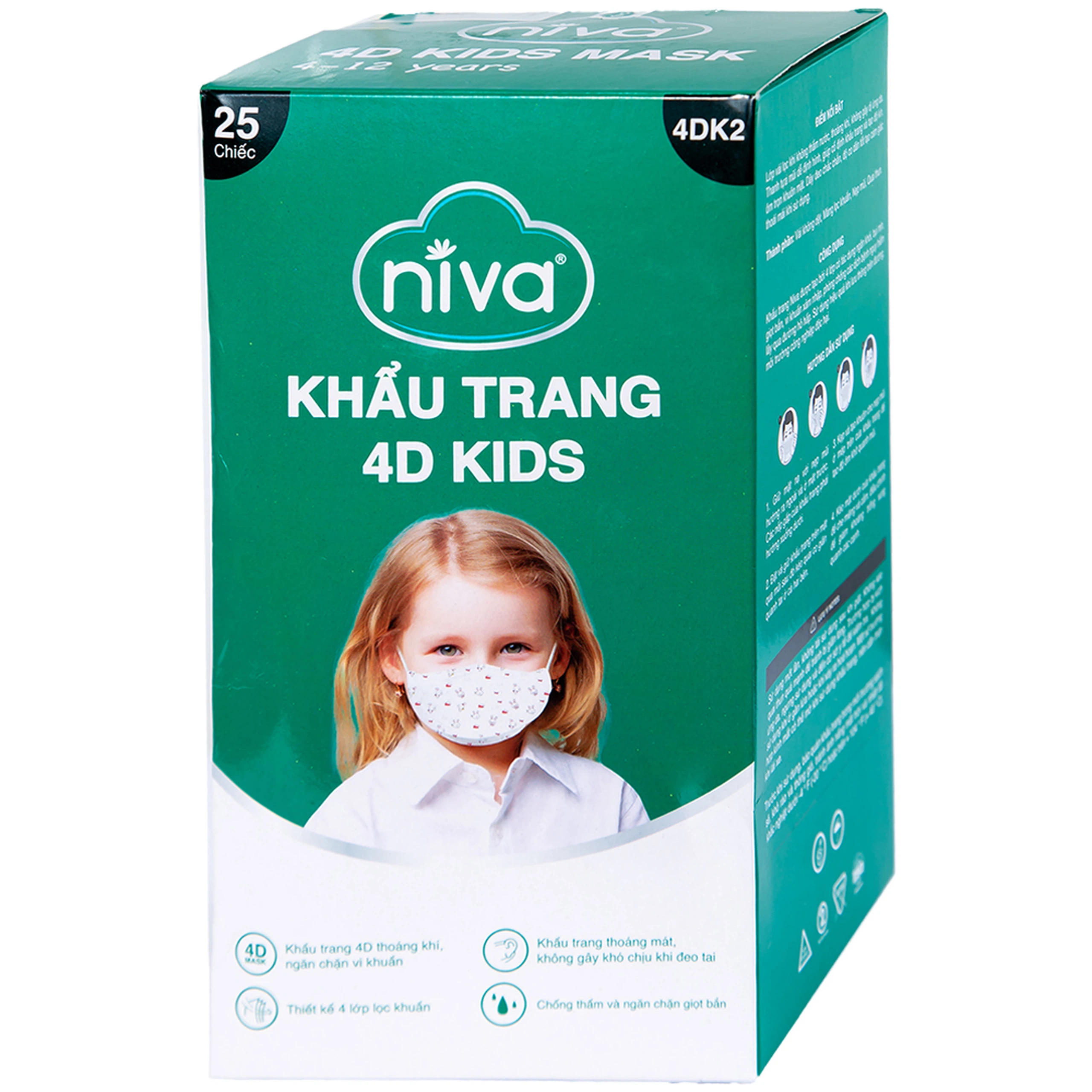 Khẩu trang 4D Kids Niva thoáng khí, ngăn chặn vi khuẩn, giọt bắn (25 cái)