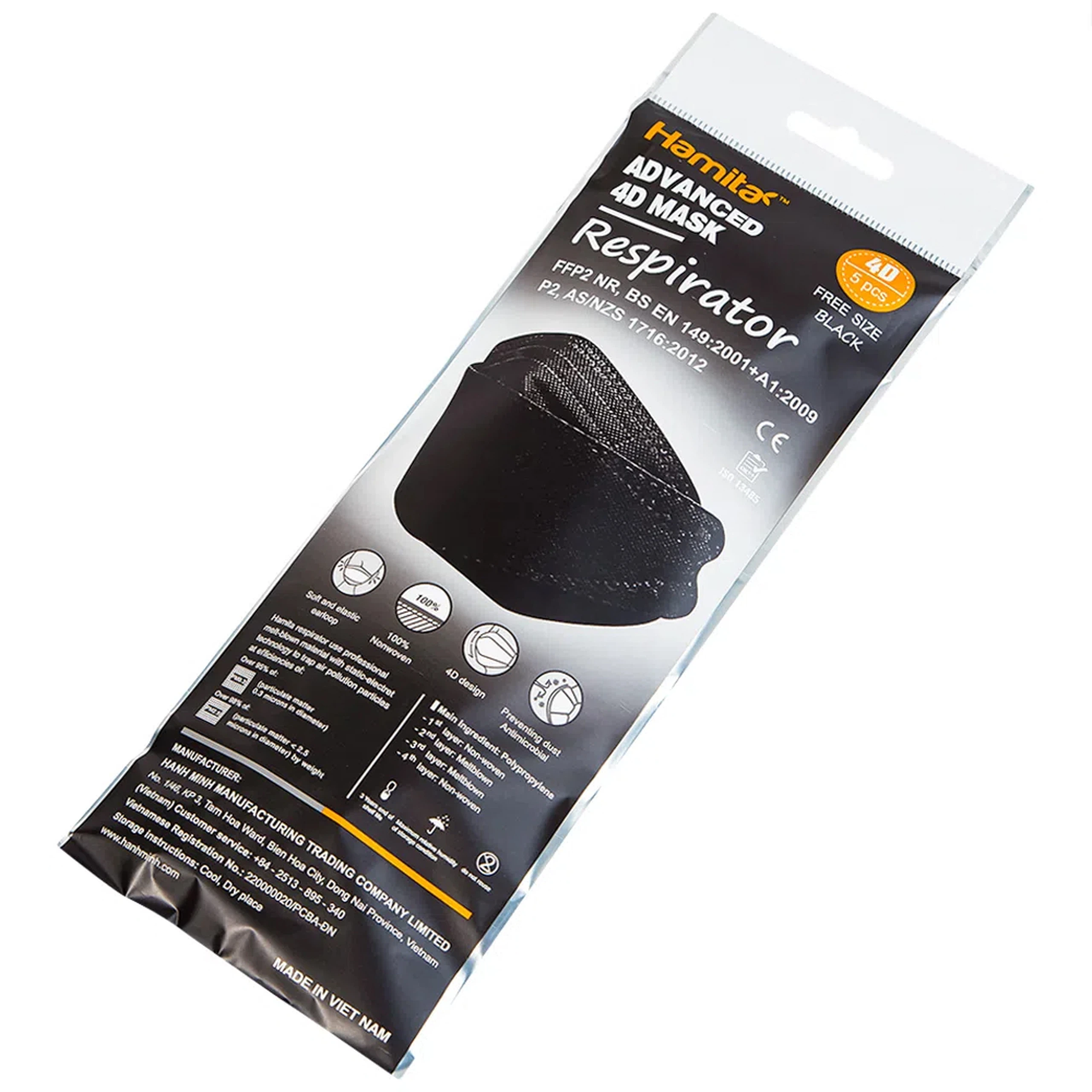 Khẩu trang y tế Hamita Advanced 4D Mask màu đen hỗ trợ ngăn khói, bụi, kháng khuẩn (5 cái)