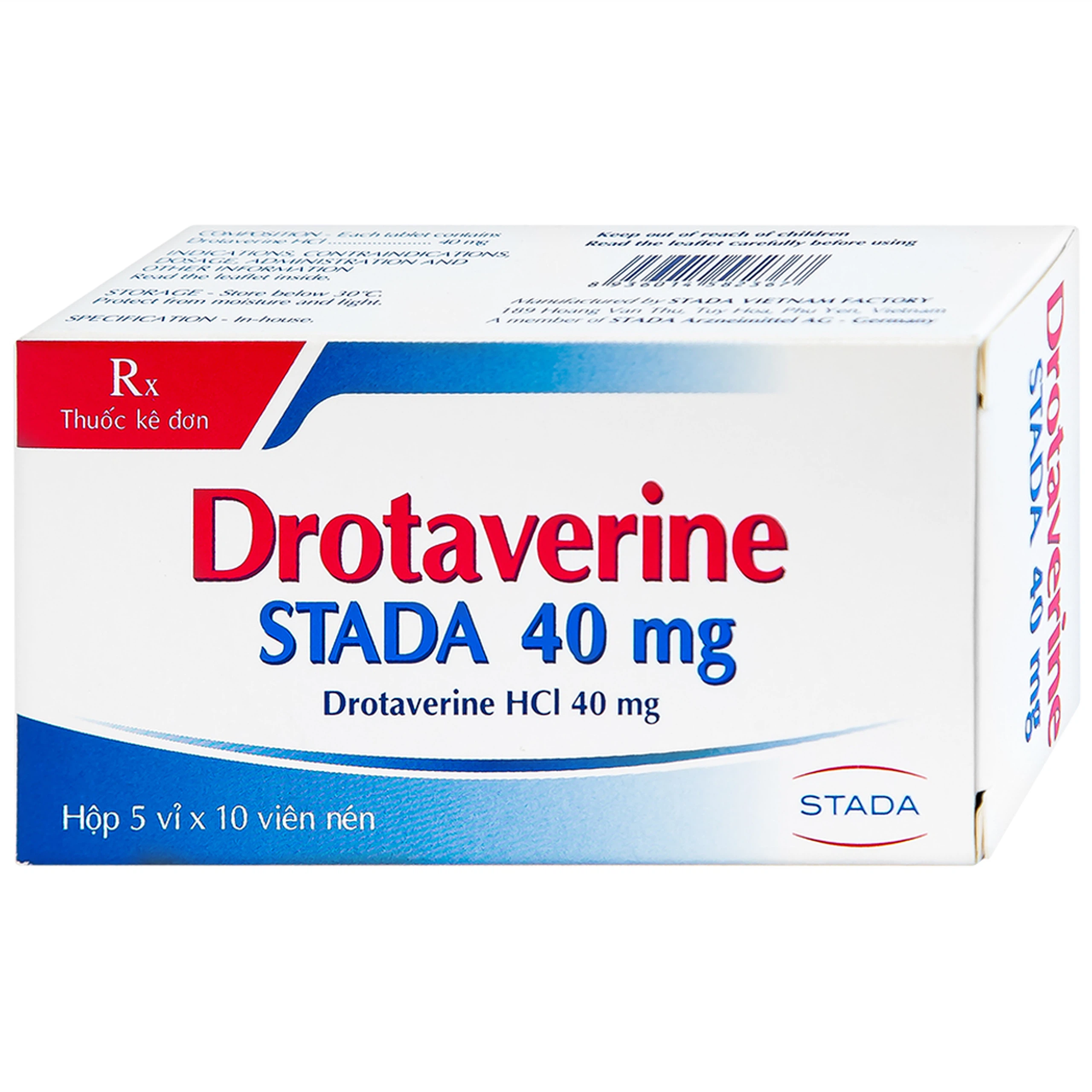 Thuốc Drotaverine Stada 40mg điều trị co thắt dạ dày, ruột, hội chứng ruột kích thích (5 vỉ x 10 viên)