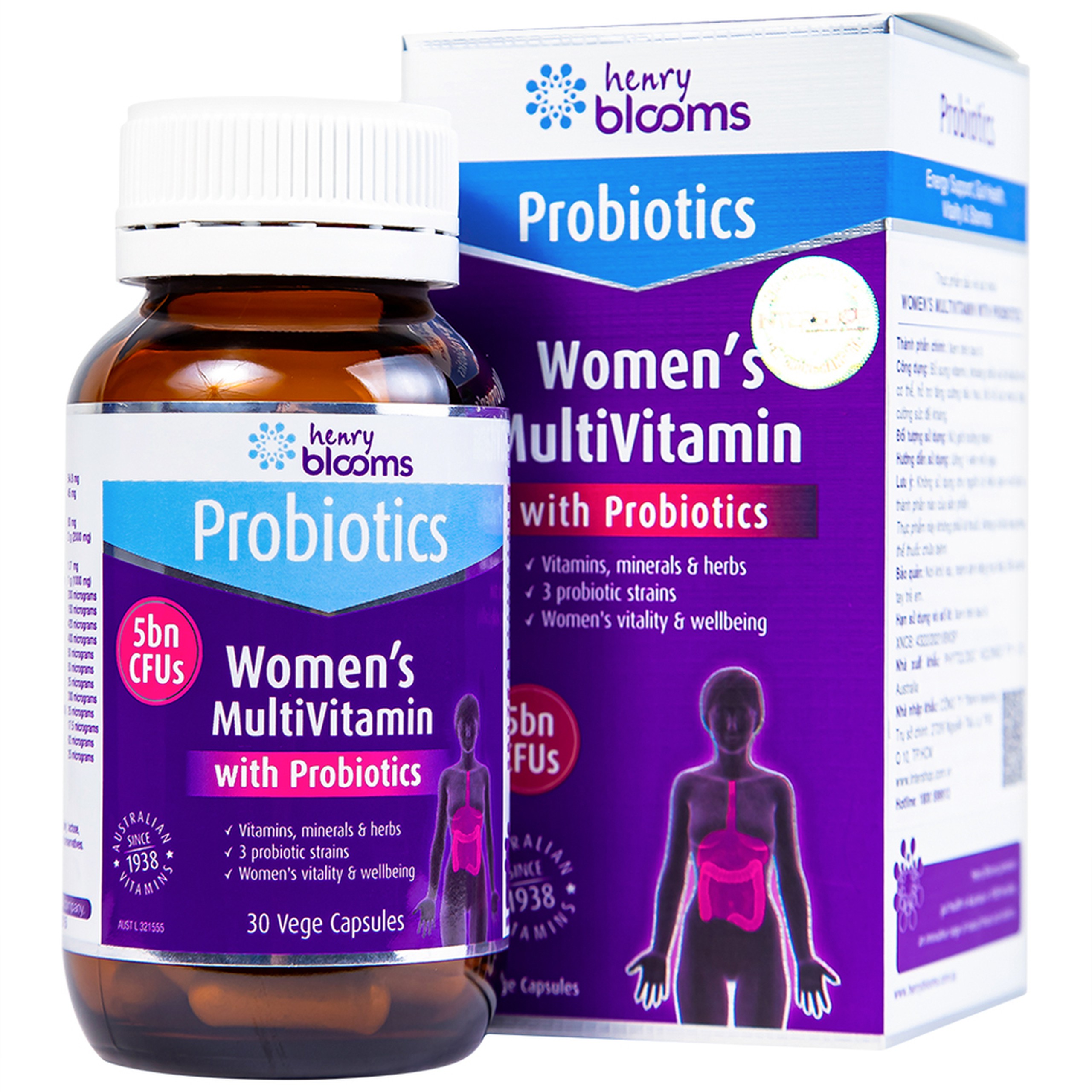 Viên uống Women's Multivitamin With Probiotics Henry Blooms cung cấp năng lượng và chất dinh dưỡng cần thiết (30 viên)