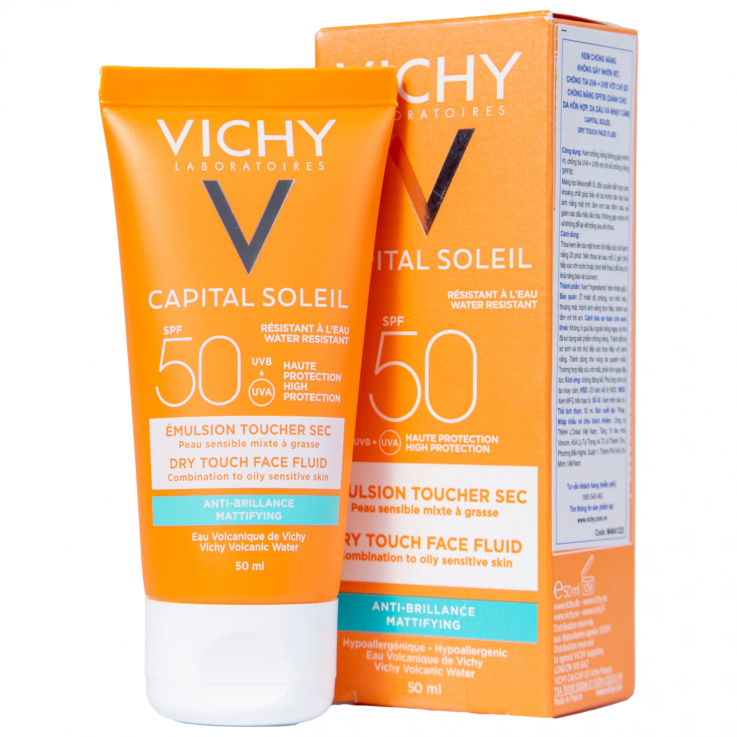 Kem chống nắng Vichy Capital Soleil Dry Touch Face Fluid SPF50 UVA+UVB mờ đốm nâu, chống lão hóa (50ml)