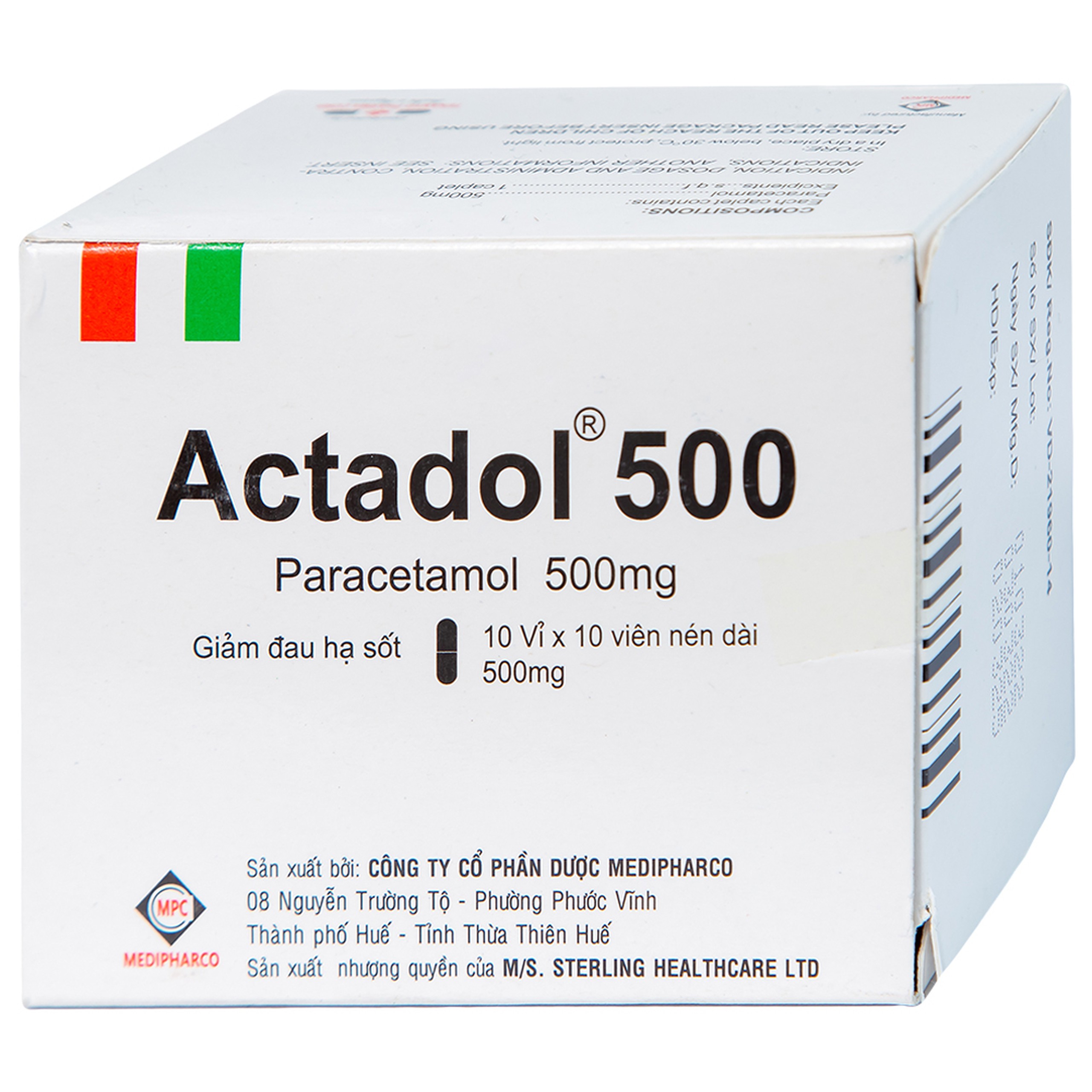 Thuốc Actadol 500 Medipharco điều trị các chứng đau và sốt từ nhẹ đến vừa (10 vỉ x 10 viên)