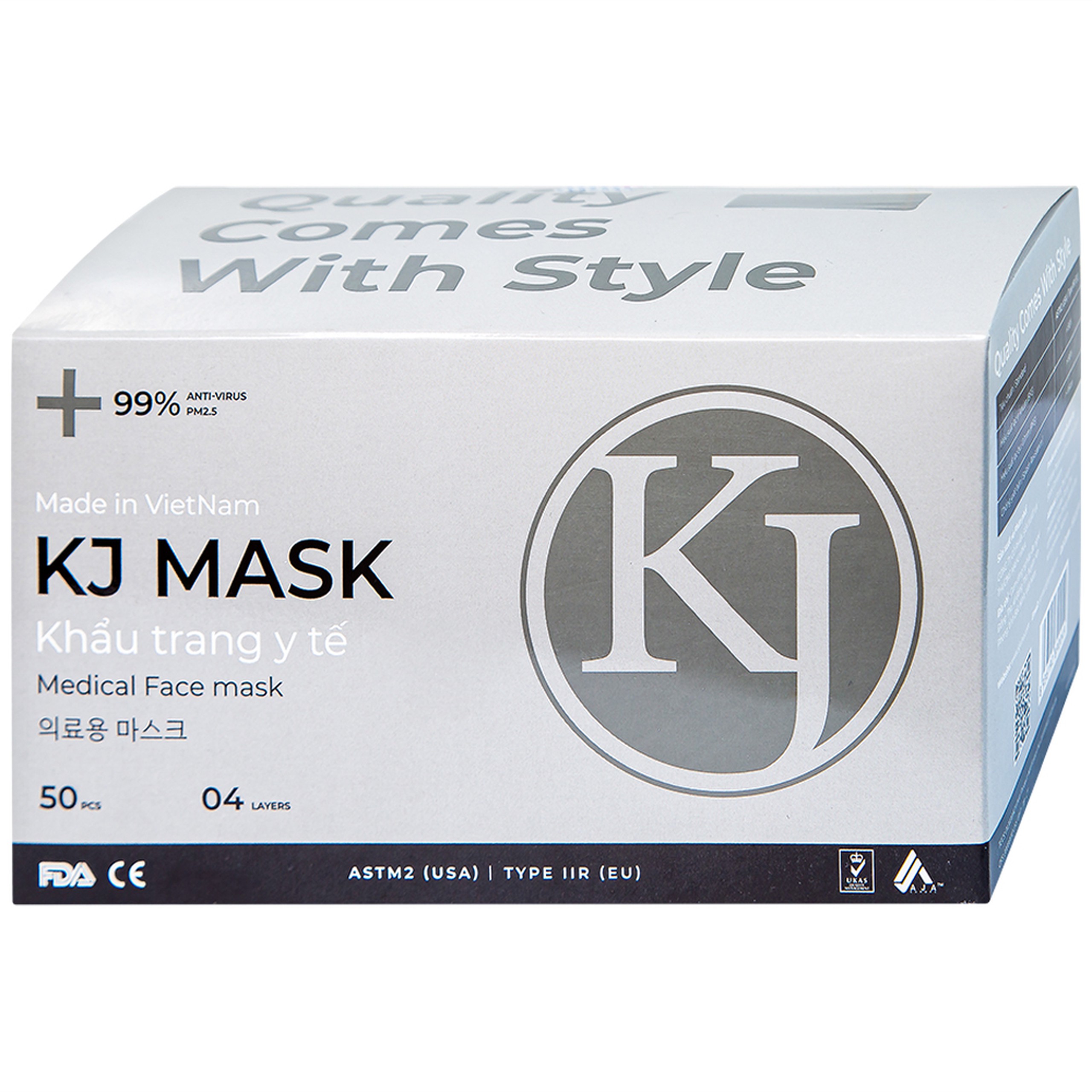 Khẩu trang y tế KJ Mask màu đen 4 lớp hỗ trợ ngăn khói, bụi, kháng khuẩn (50 cái)