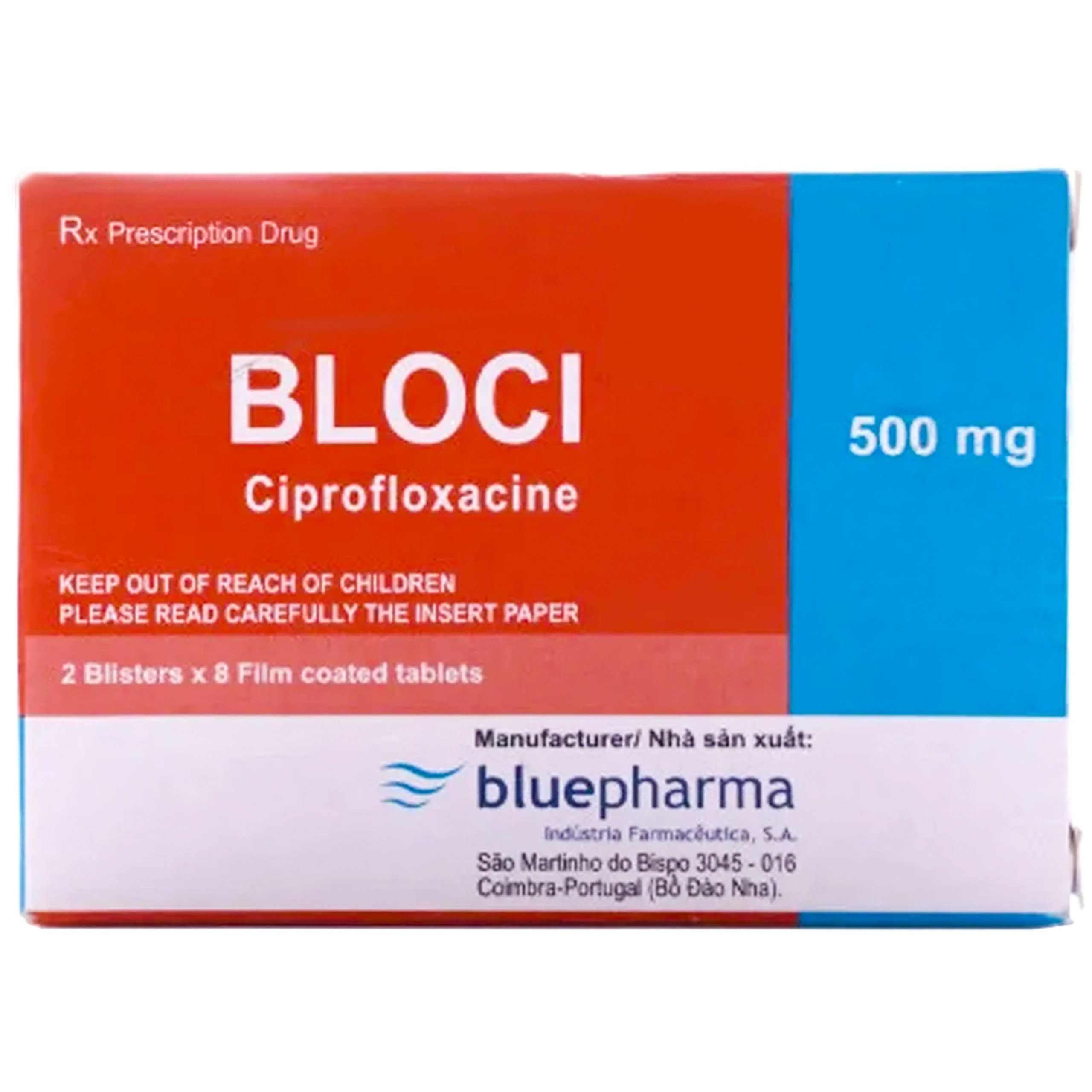 Thuốc Bloci 500mg Bluepharma điều trị nhiễm khuẩn hô hấp, tai mũi họng, thận (2 vỉ x 8 viên)