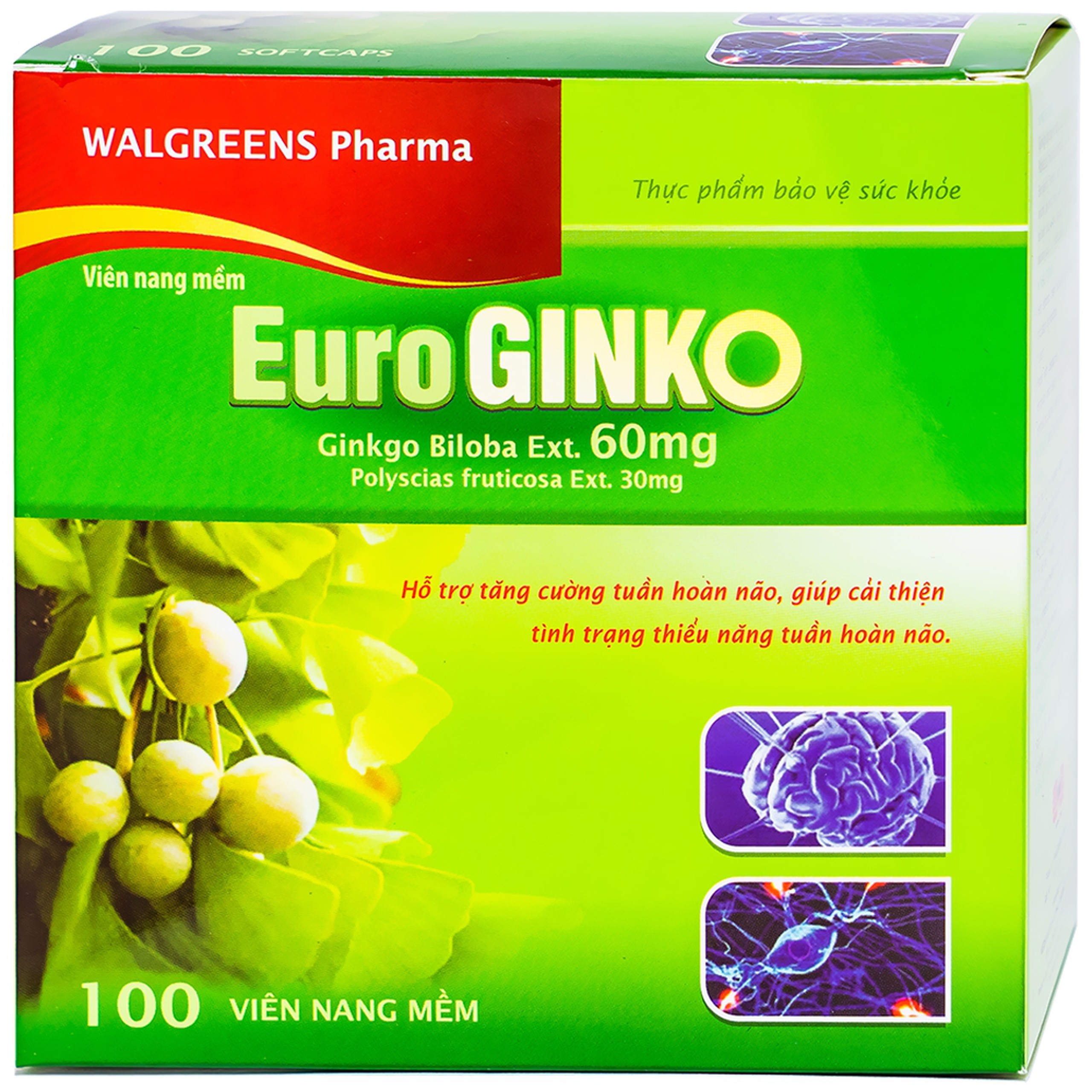 Viên uống Euro Ginko Walgreens Pharma hỗ trợ tăng cường tuần hoàn não (100 viên)