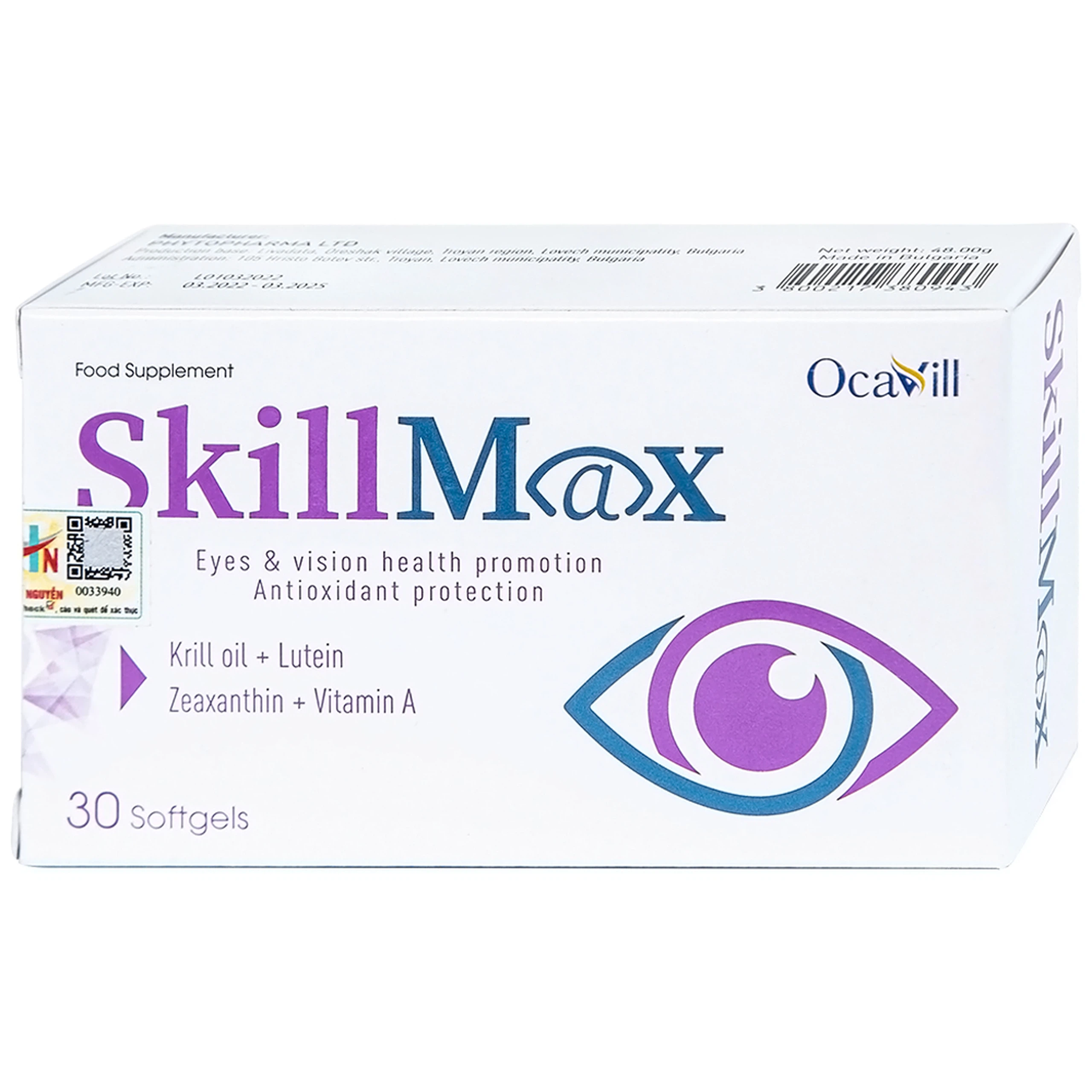 Viên uống SkillMax OCAVILL hỗ trợ tăng cường thị lực, cải thiện các triệu chứng khô mắt (3 vỉ x 10 viên)