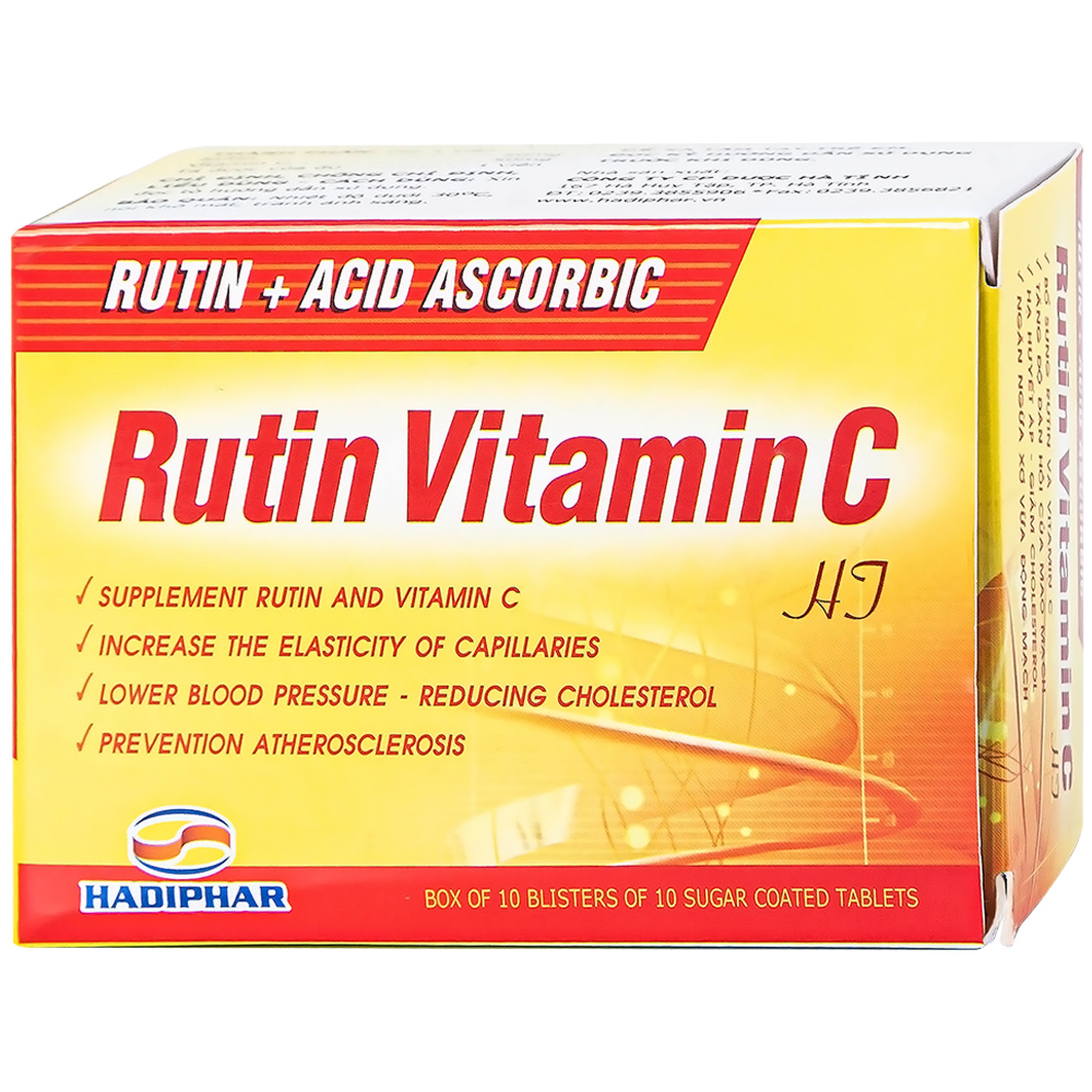 Thuốc Rutin Vitamin C Hadiphar tăng sức bền thành mao mạch, điều trị chứng giãn tĩnh mạch (10 vỉ x 10 viên)