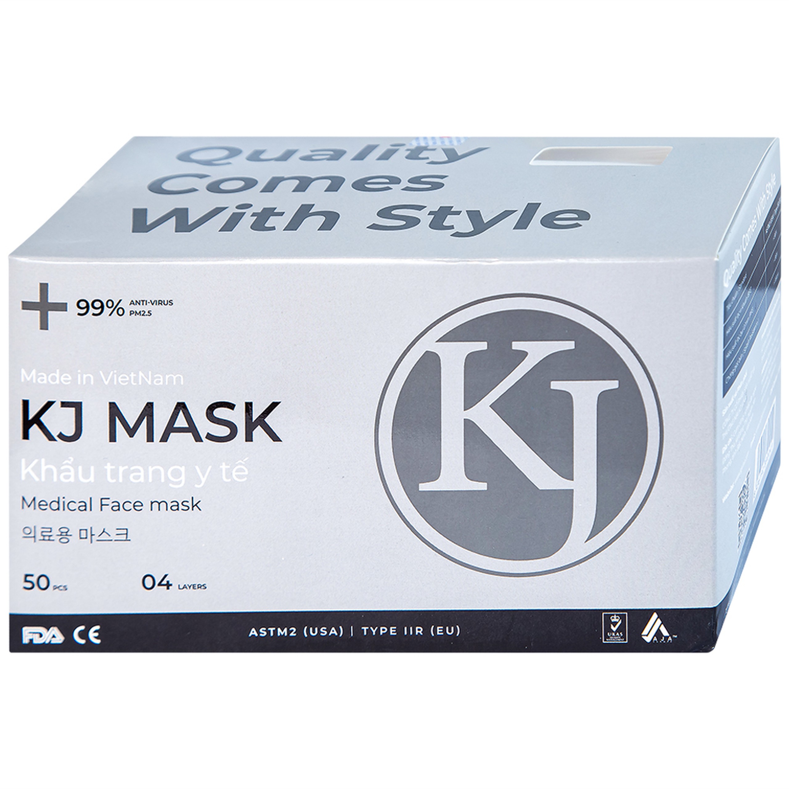Khẩu trang y tế KJ Mask màu trắng 4 lớp hỗ trợ ngăn khói, bụi, kháng khuẩn (50 cái)