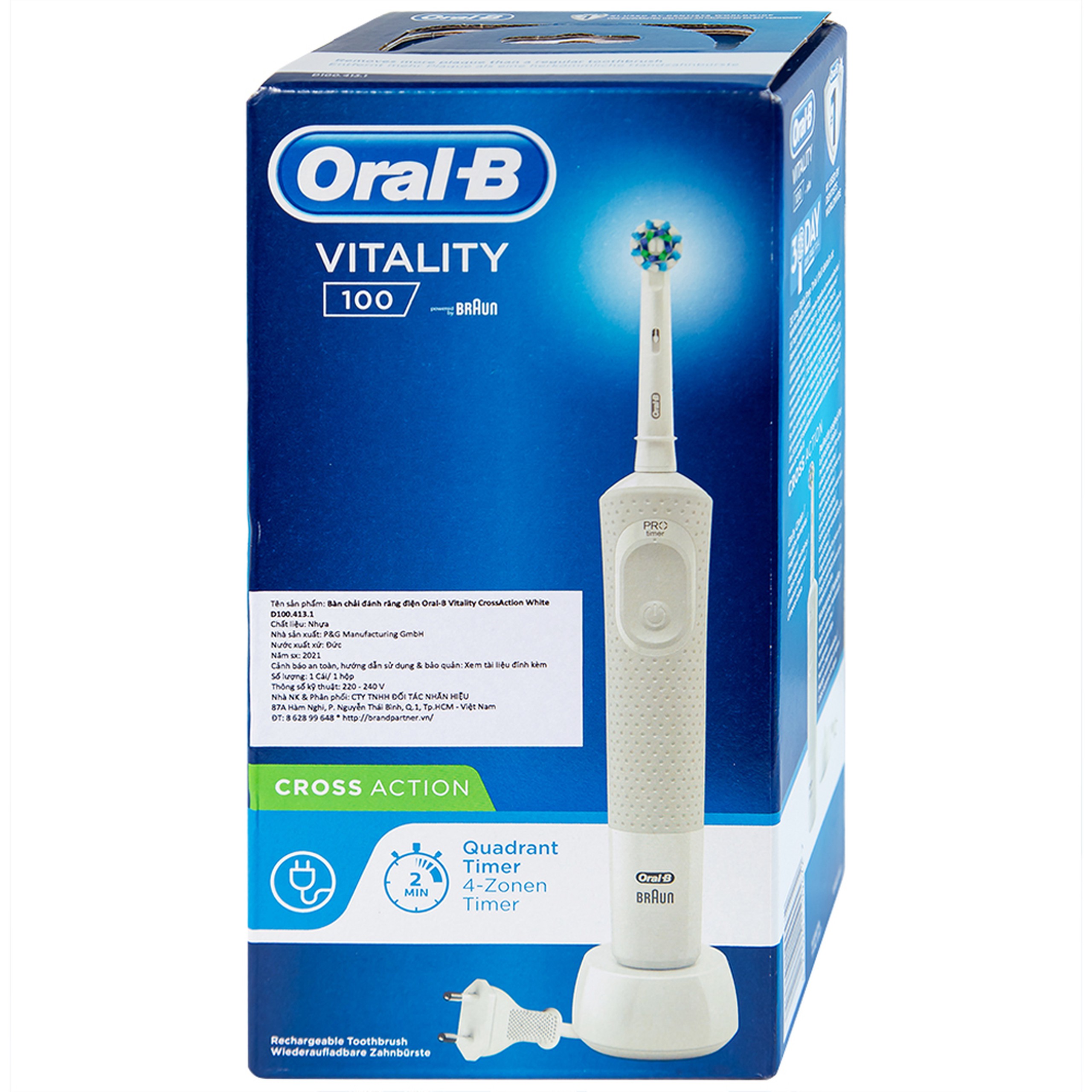 Bàn chải đánh răng điện Oral-B Vitality CrossAction White D100.413.1 loại bỏ được mảng bám và vết ố trên răng