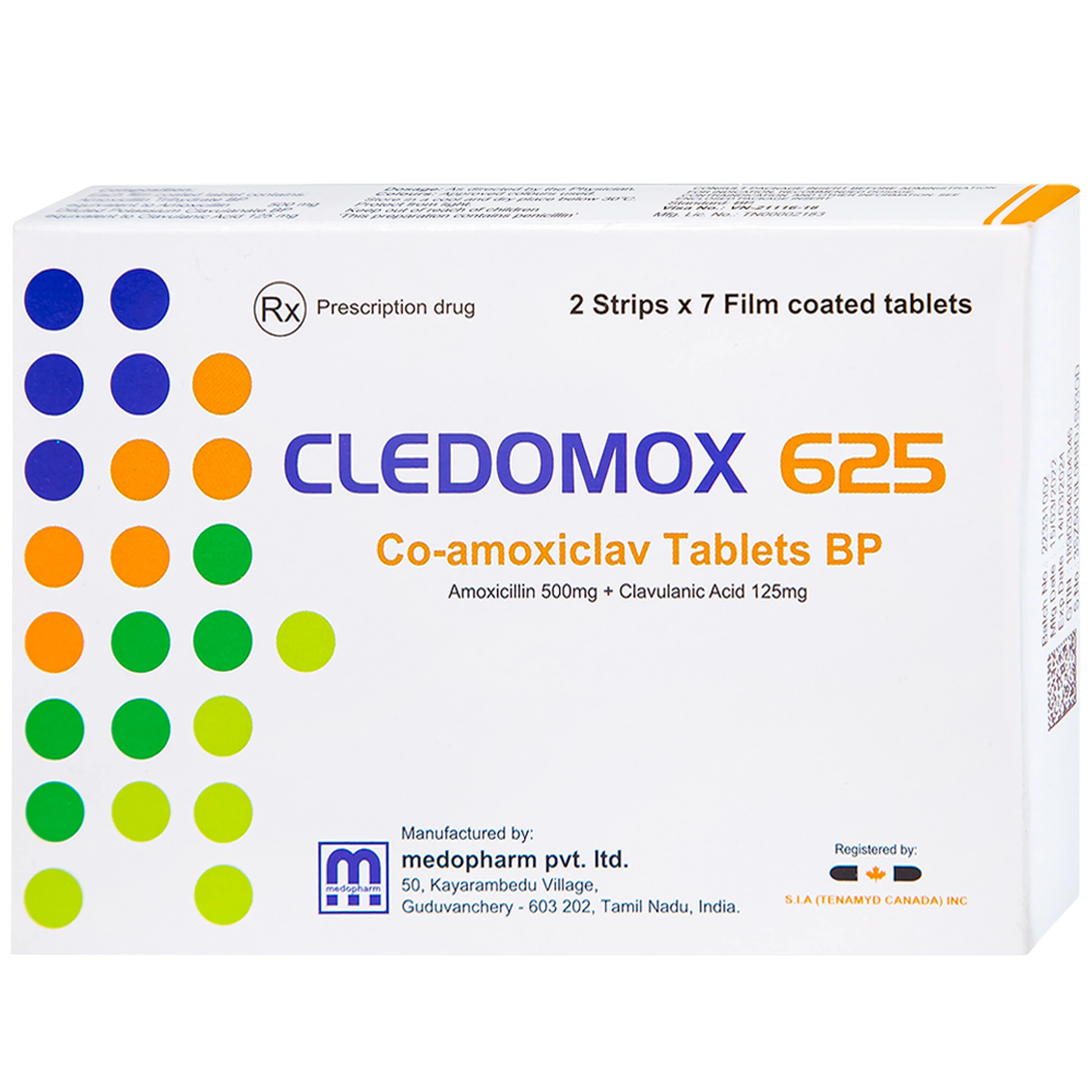 Thuốc Cledomox 625 Tenamyd điều trị các trường hợp nhiễm khuẩn (2 vỉ x 7 viên)