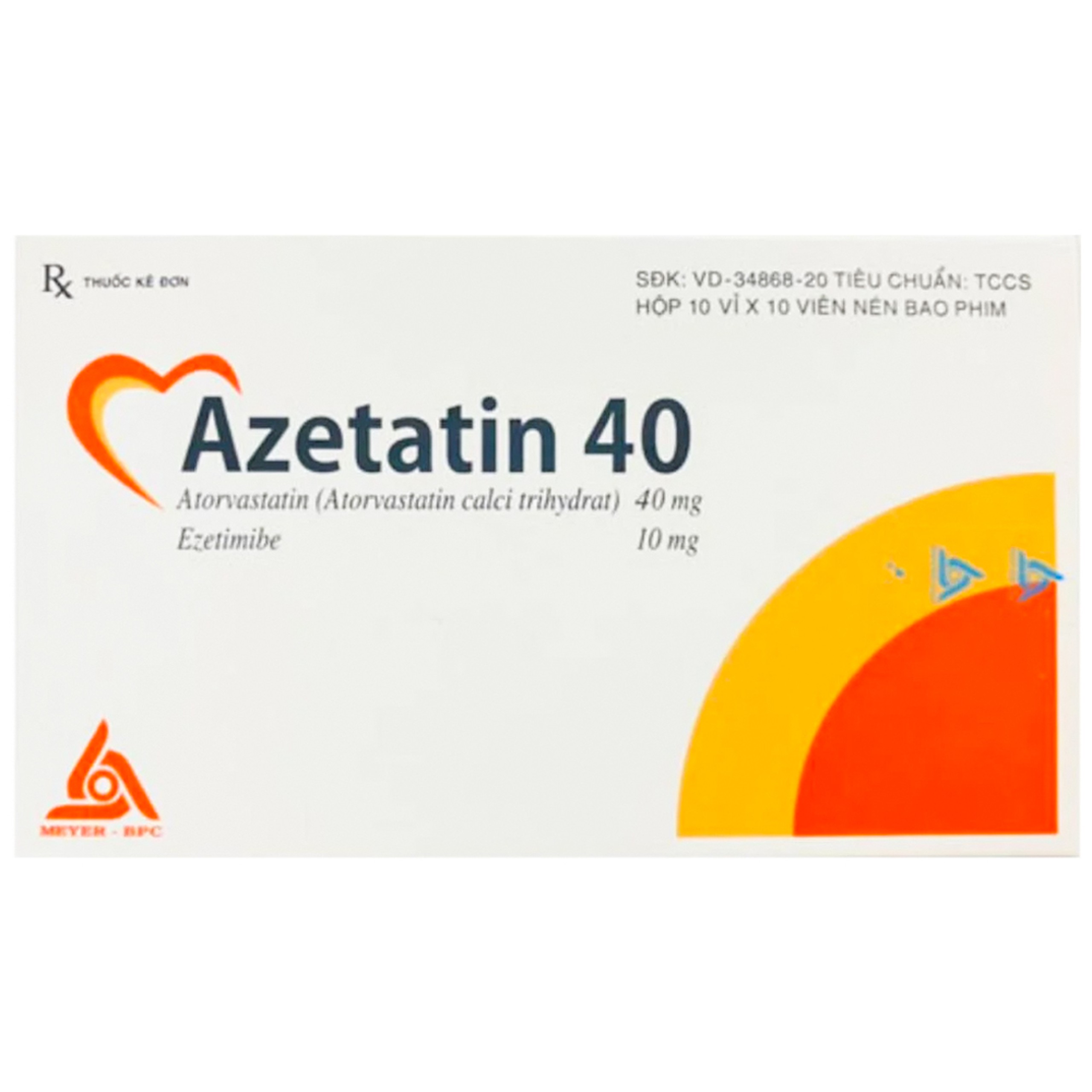 Thuốc Azetatin 40 Meyer-BPC điều trị cholesterol máu, tăng lipid máu nguyên phát (10 vỉ x 10 viên)