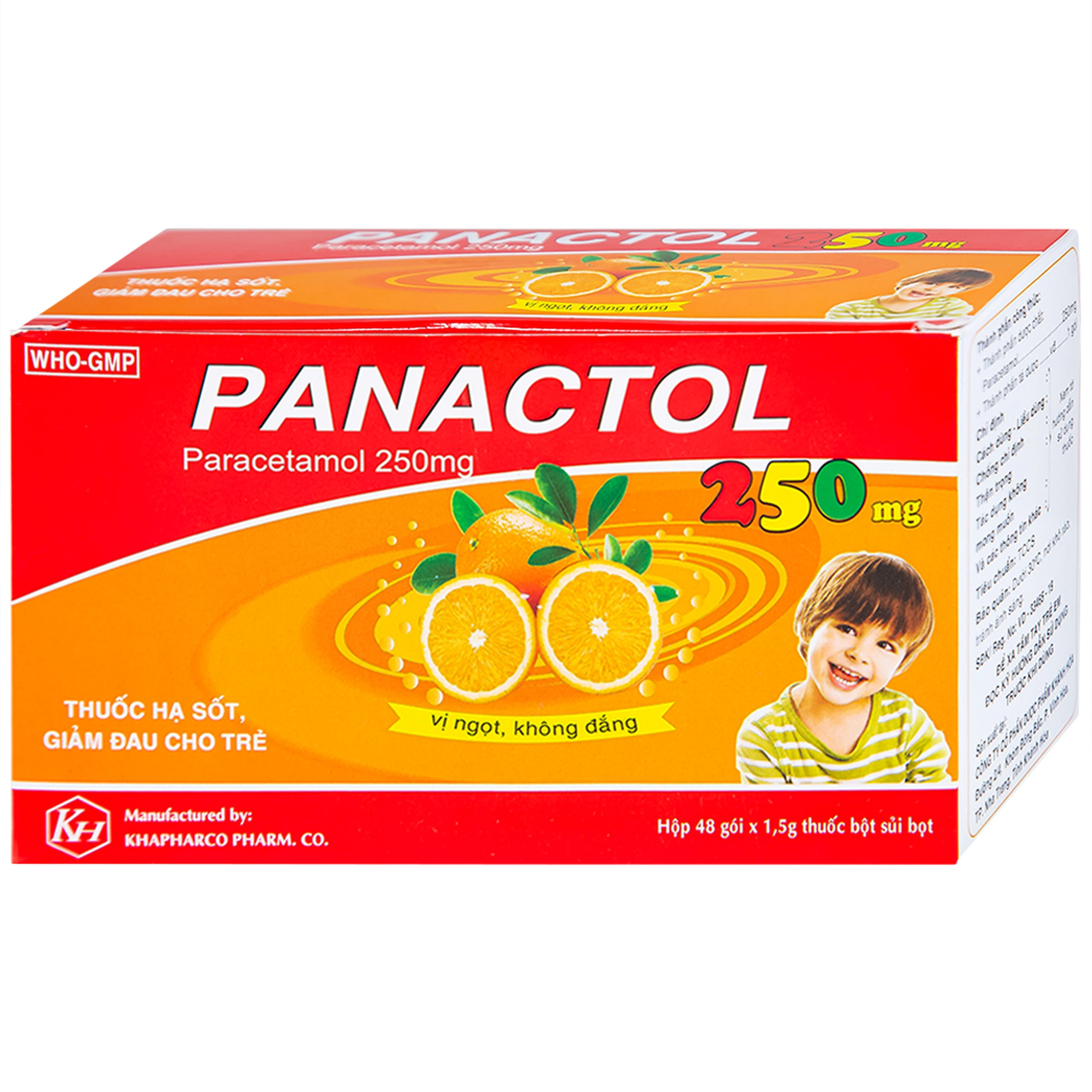 Bột sủi Panactol 250mg Khapharco vị ngọt, không đắng, hạ sốt, giảm đau cho trẻ (48 gói x 1.5g)